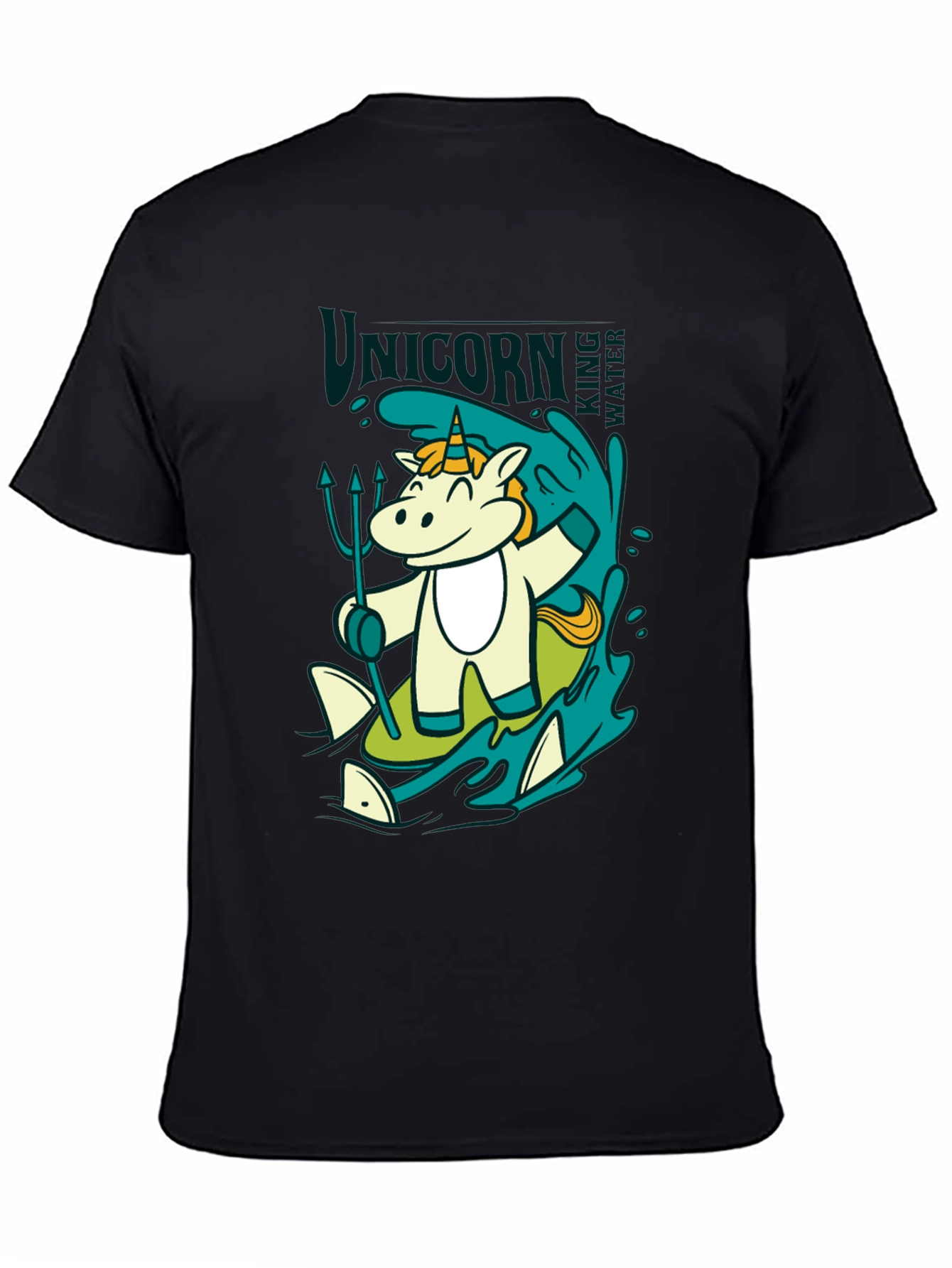 Black Unicorn Surfing T-Shirt: Cartoon Graphic Tee view 4