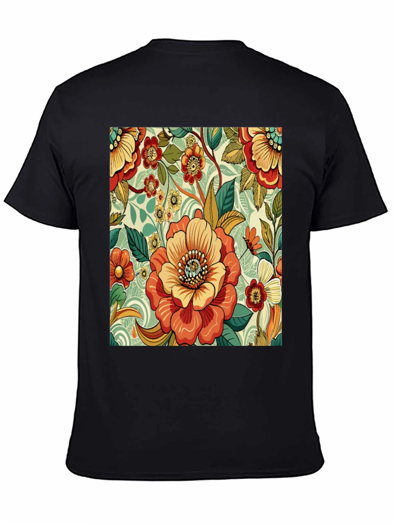 Black Floral Pattern Print Black T-Shirt view 4