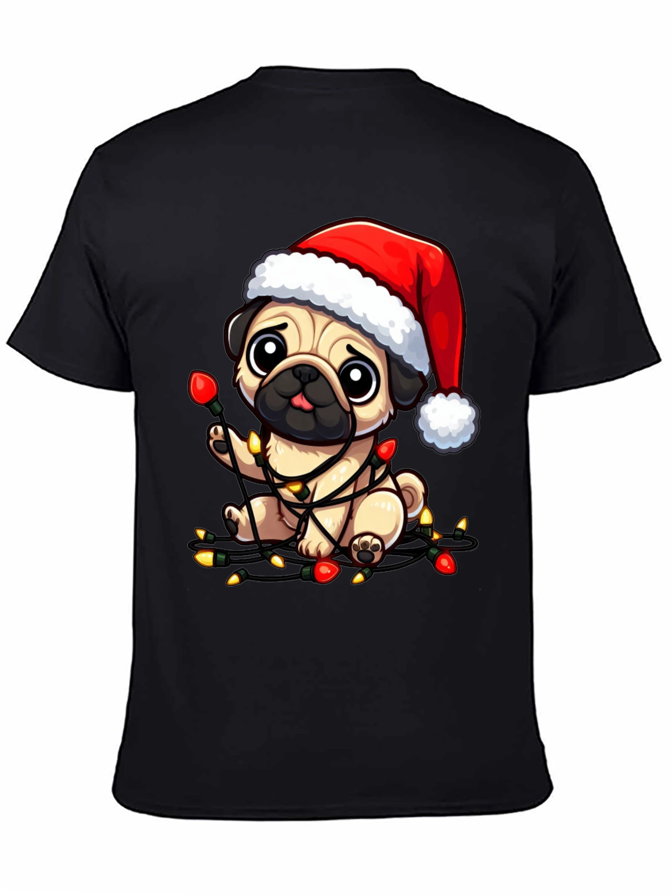 Black Festive Pug Christmas Lights Graphic Tee view 4
