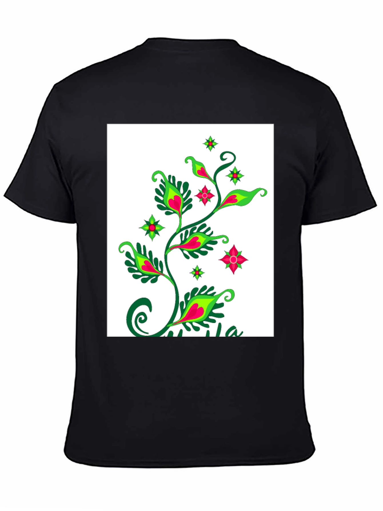 Black Black T-Shirt with Floral Plant Design view 4