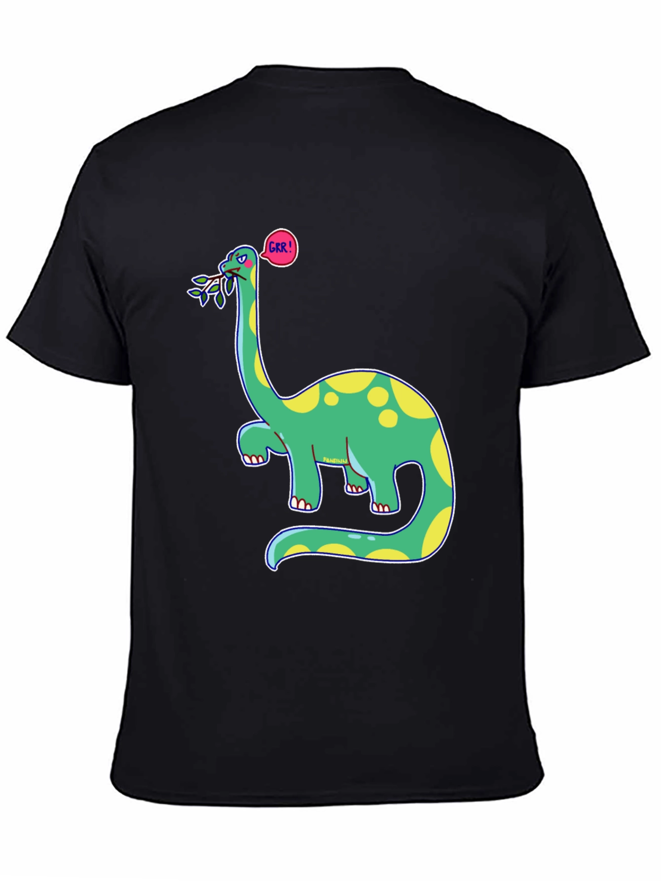 Black Dino GRR! Black T-Shirt - Cartoon Brontosaurus Tee view 4