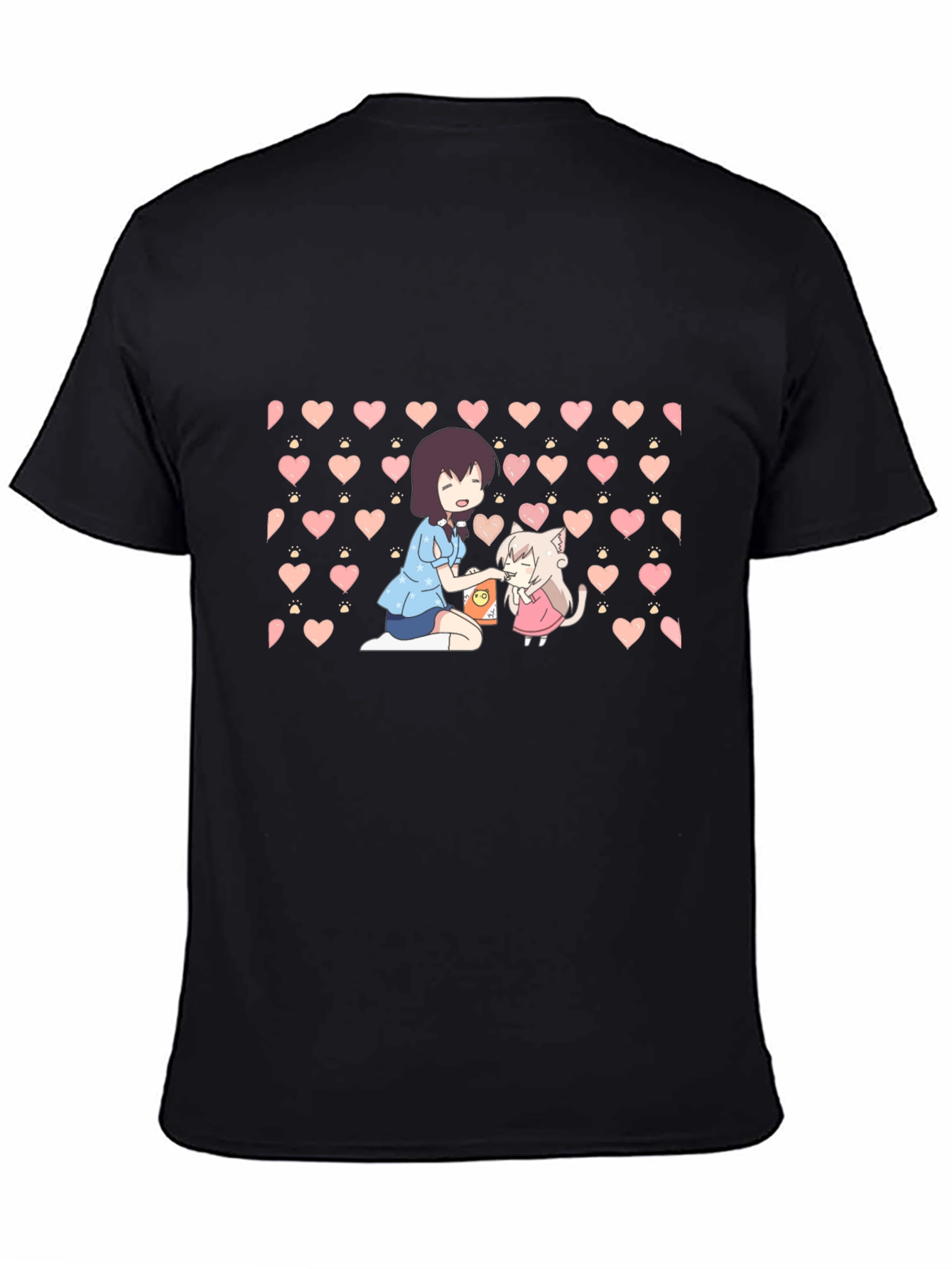 Black Anime Girl & Cat Heart Pattern Black T-Shirt view 4