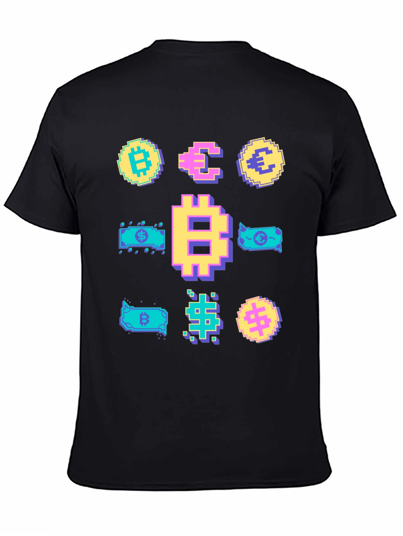 Black Crypto Pixel Art T-Shirt: Bitcoin, Euro, Dollar view 4