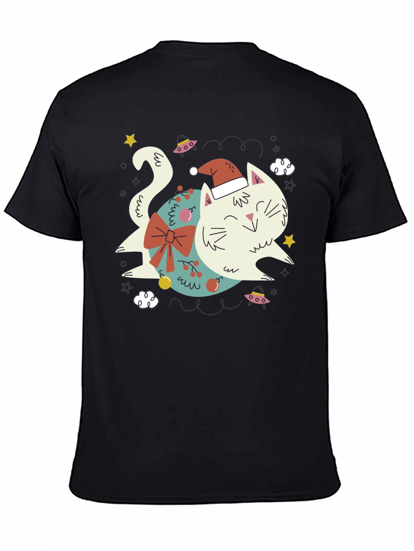 Black Festive Cat T-Shirt - Holiday Graphic Tee view 4