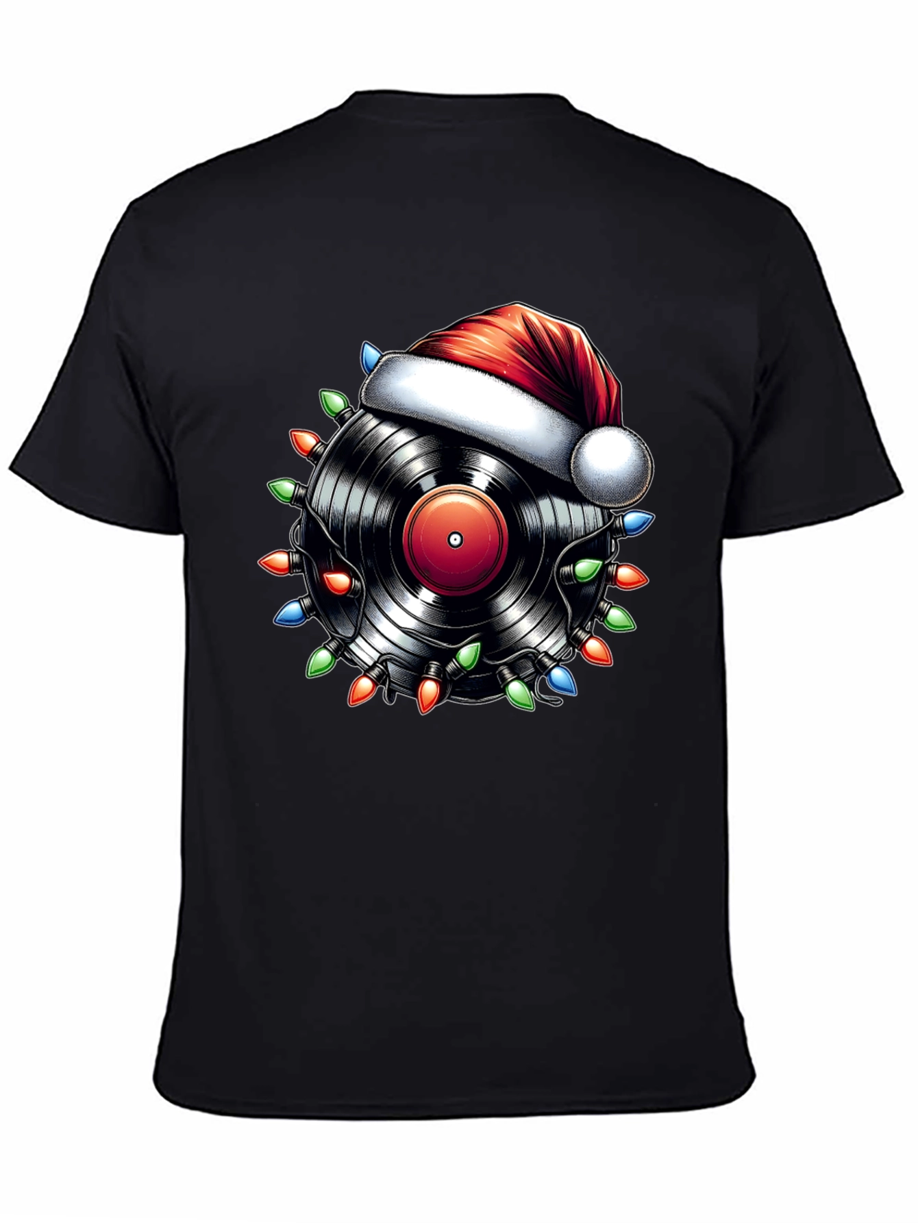 Black Festive Vinyl Record Santa Hat T-Shirt view 4