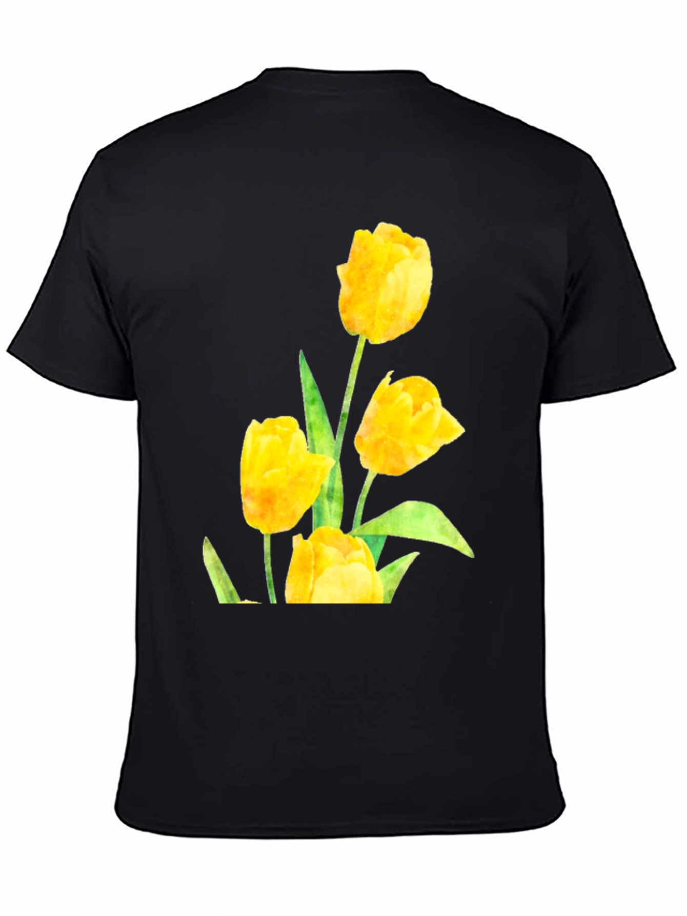 Black Men's Black T-Shirt with Yellow Tulip Floral Design view 4