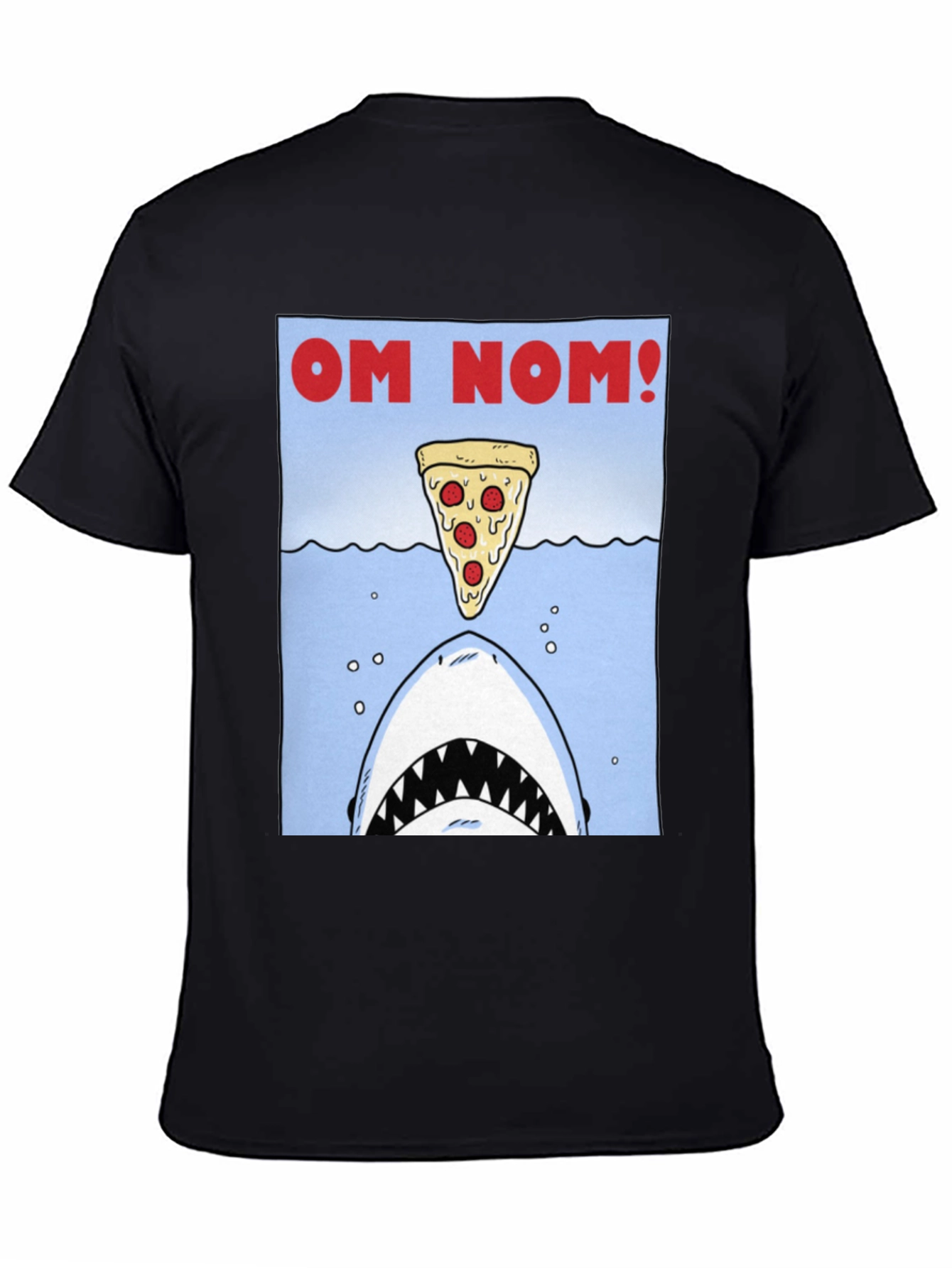 Black Om Nom Pizza Shark T-Shirt - Funny Foodie Tee view 4
