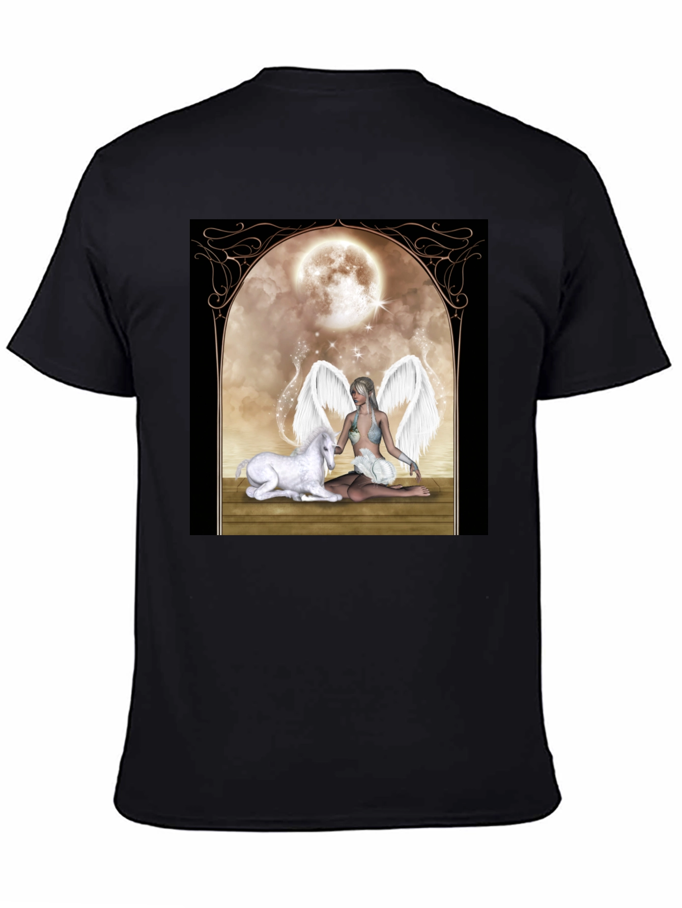 Black Fantasy Angel & Unicorn T-Shirt view 4