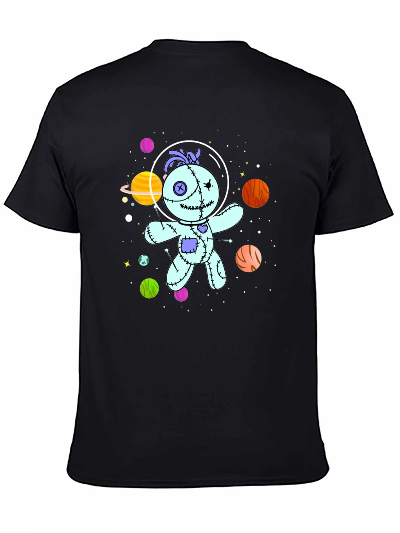 Black Astronaut Voodoo Doll T-Shirt - Unisex Black Tee view 4