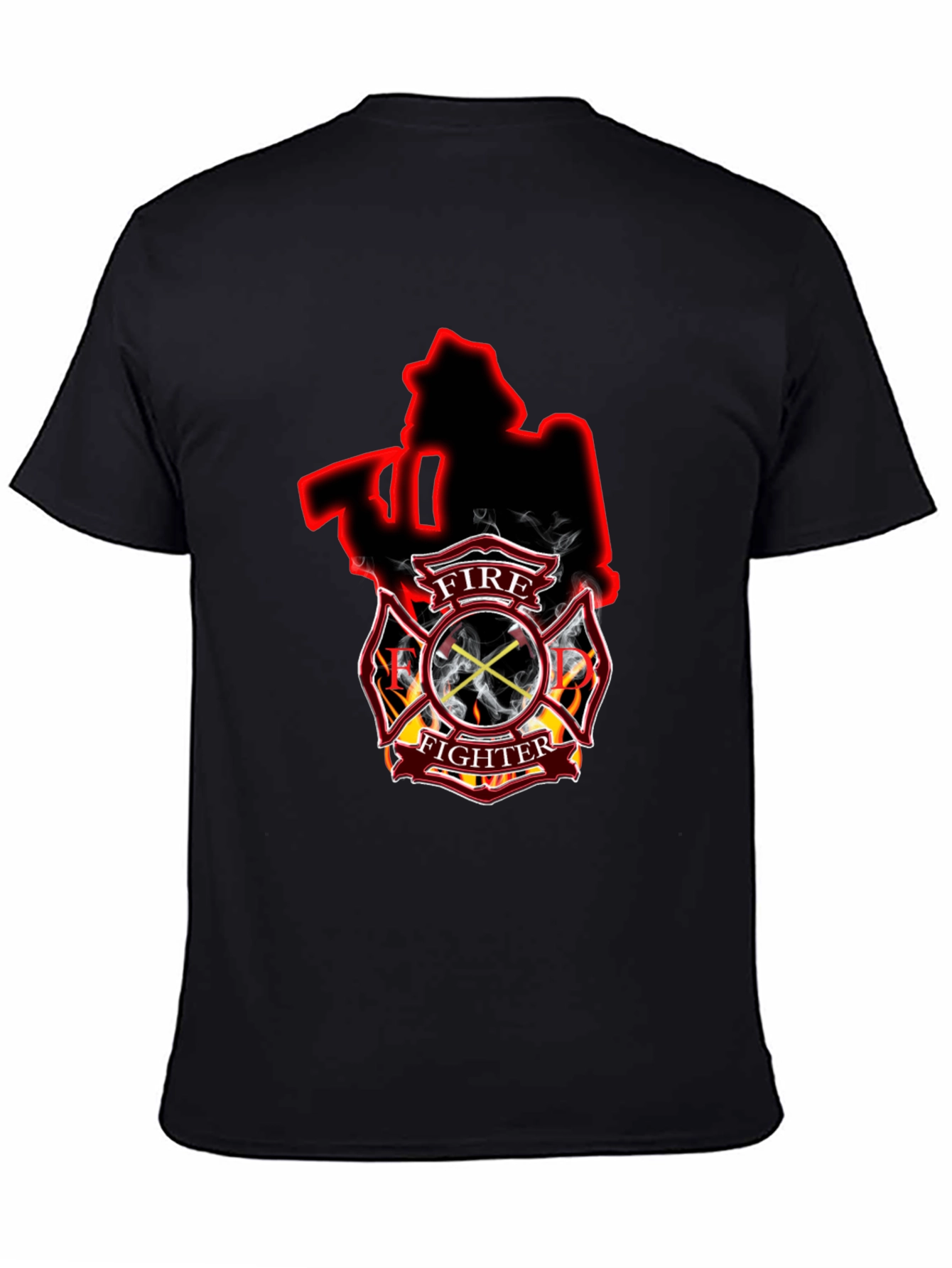 Black Firefighter Axe Shield Black T-Shirt view 4