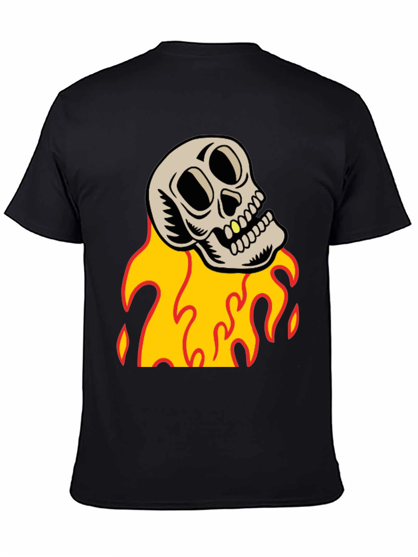 Black Skull on Fire Graphic Tee - Black Cotton T-Shirt view 4