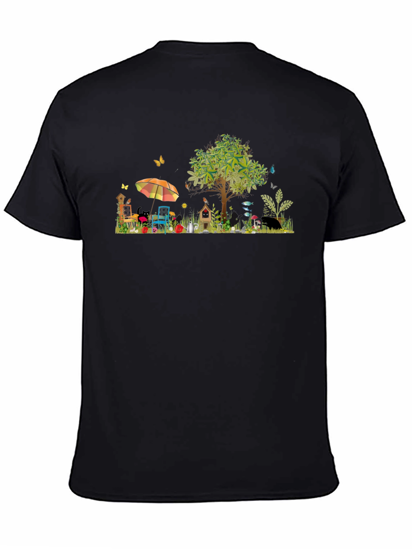 Black Whimsical Garden Scene Graphic T-Shirt view 4