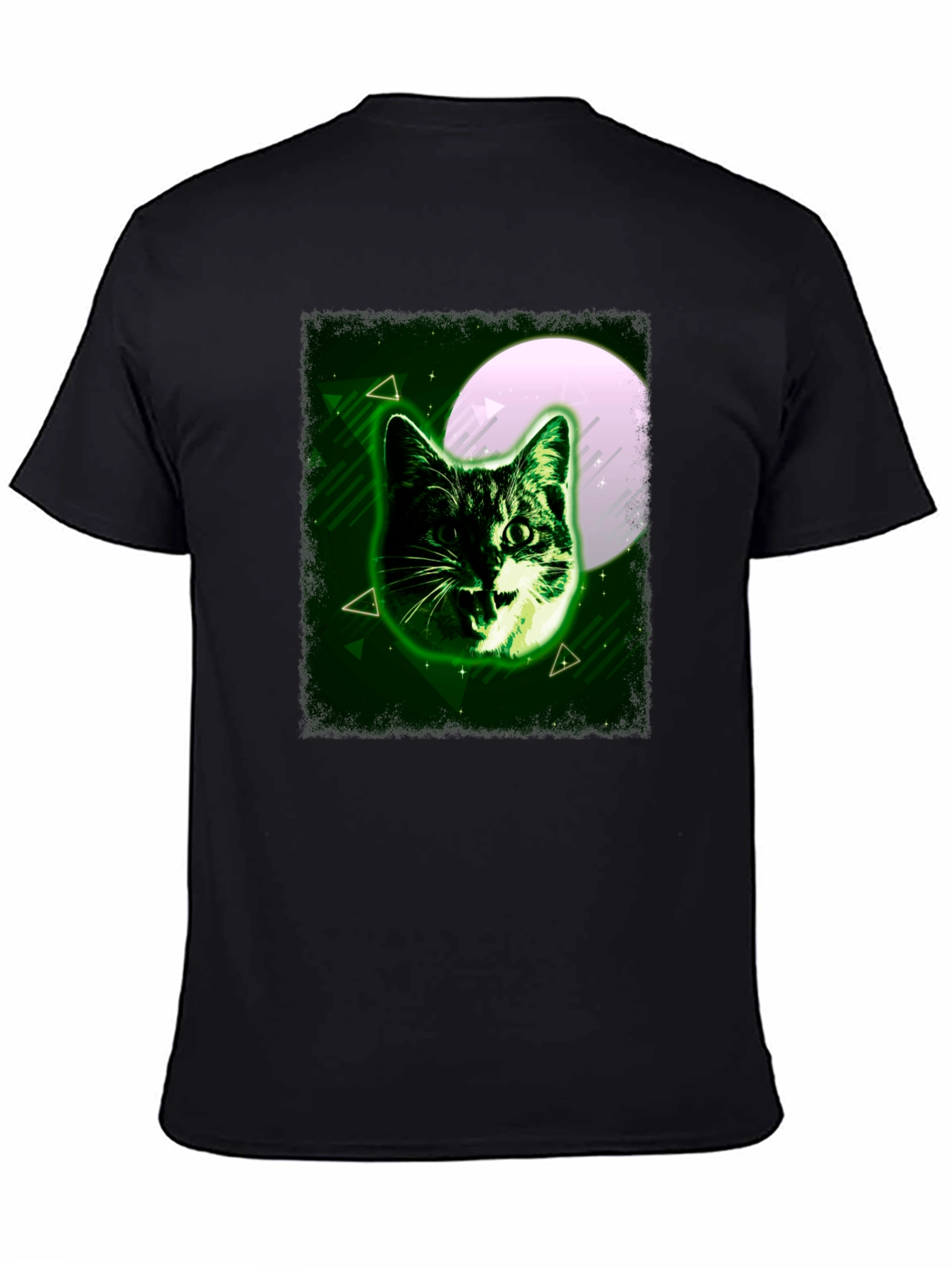 Black Green Cat Graphic Tee - Moonlit Feline Design view 4