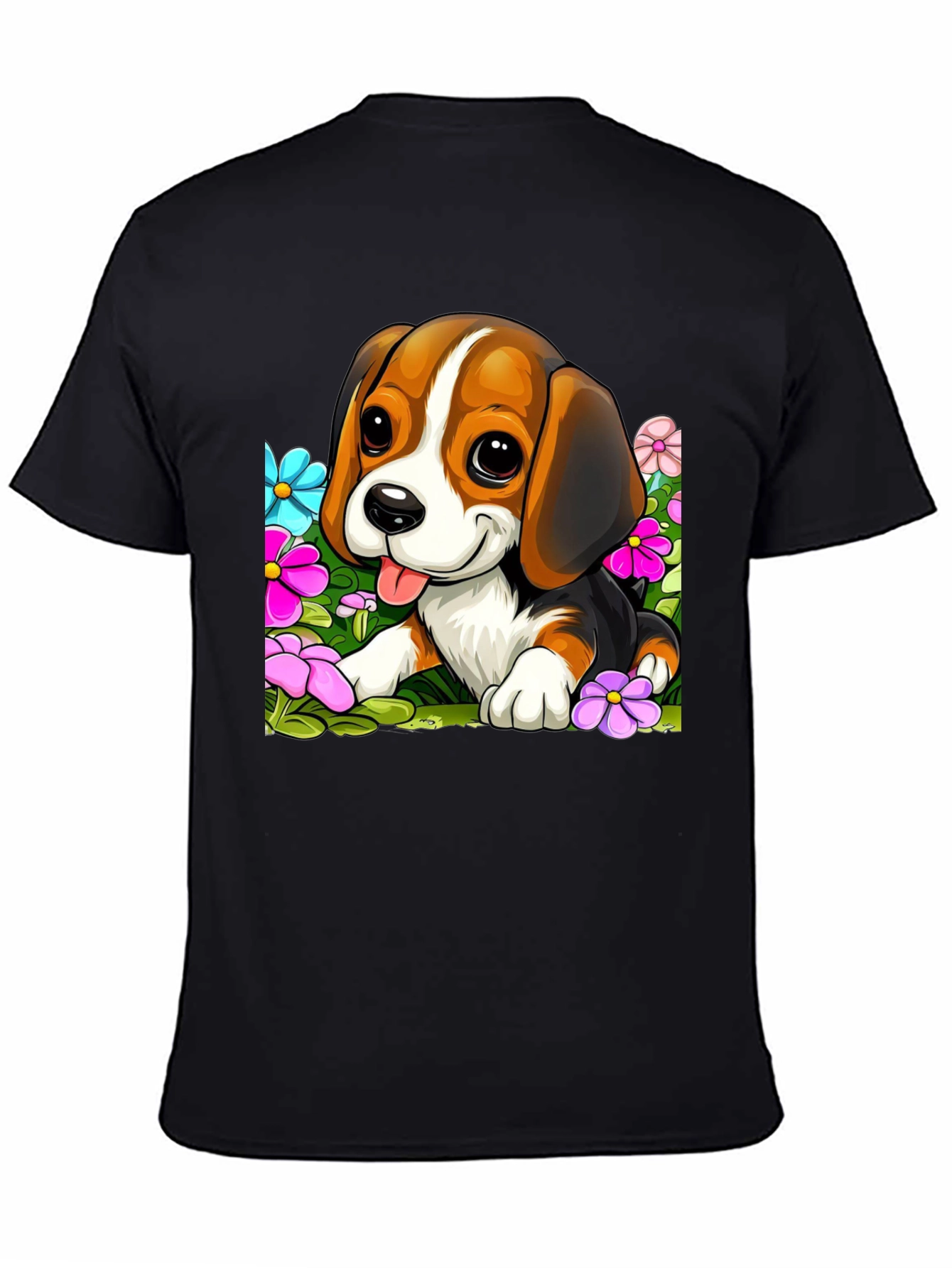 Black Cute Beagle Puppy in Flowers Black T-Shirt view 4