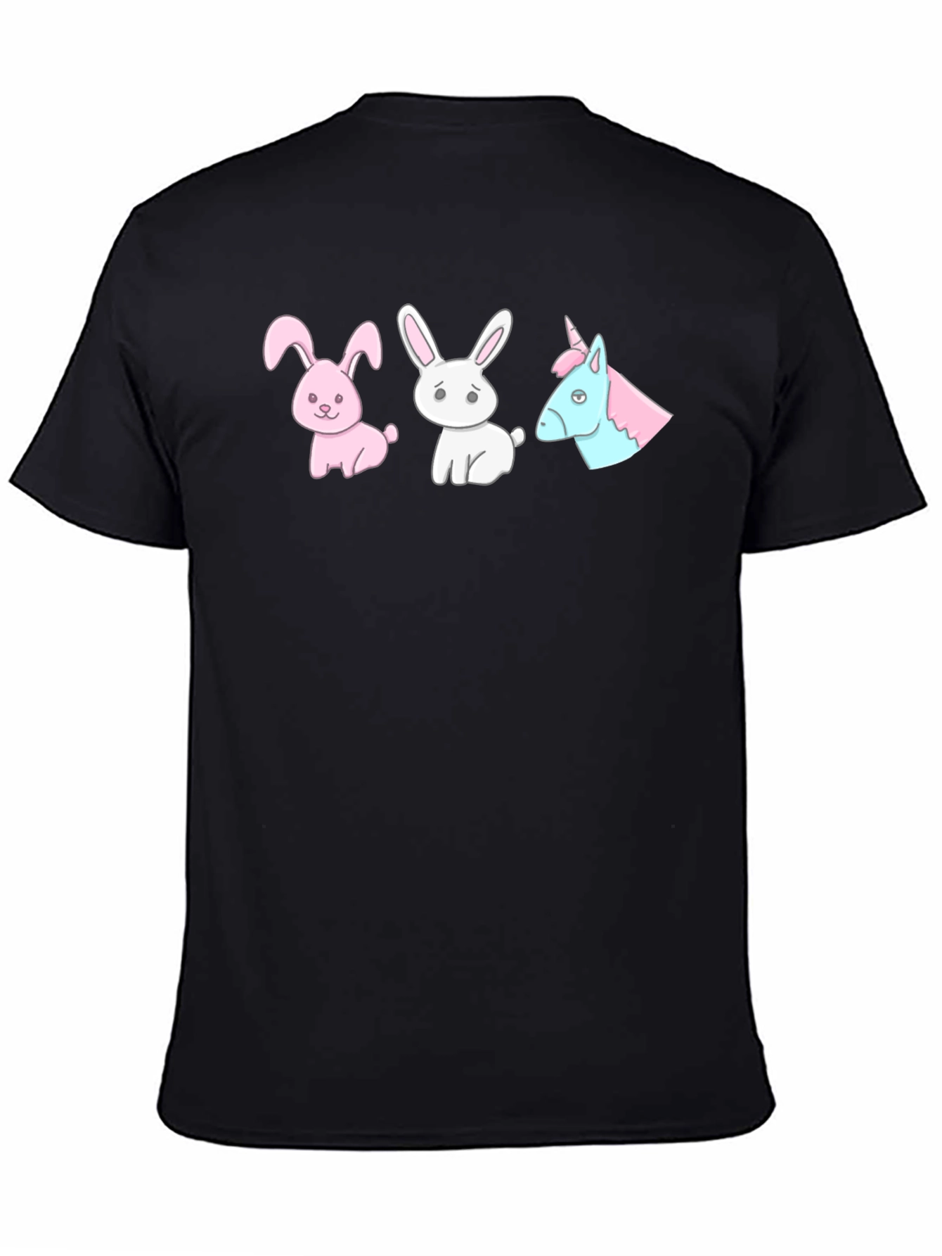 Black Novelty Cartoon Bunny & Unicorn Print Black T-Shirt view 4