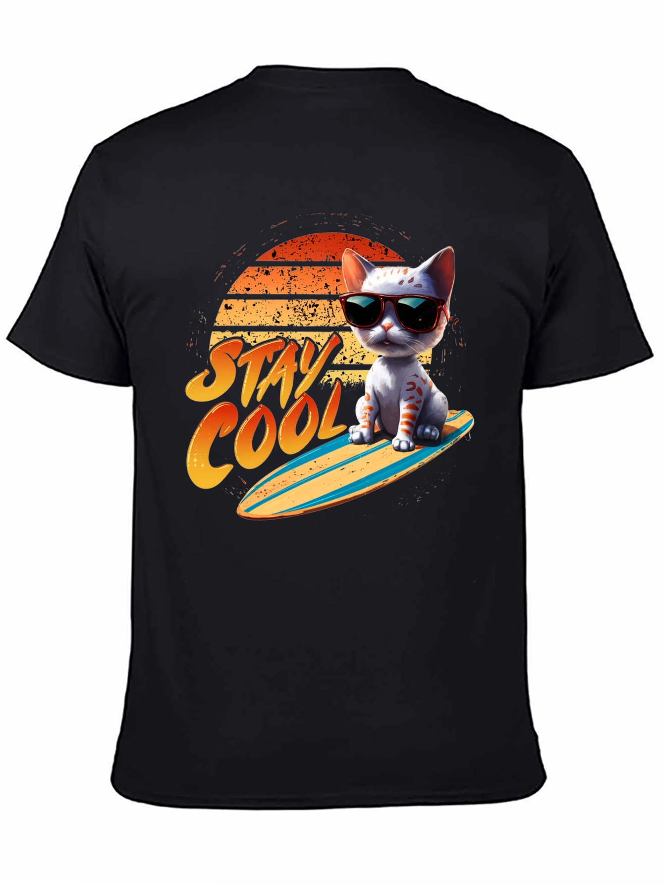 Black Cool Cat Surfboard T-Shirt view 4