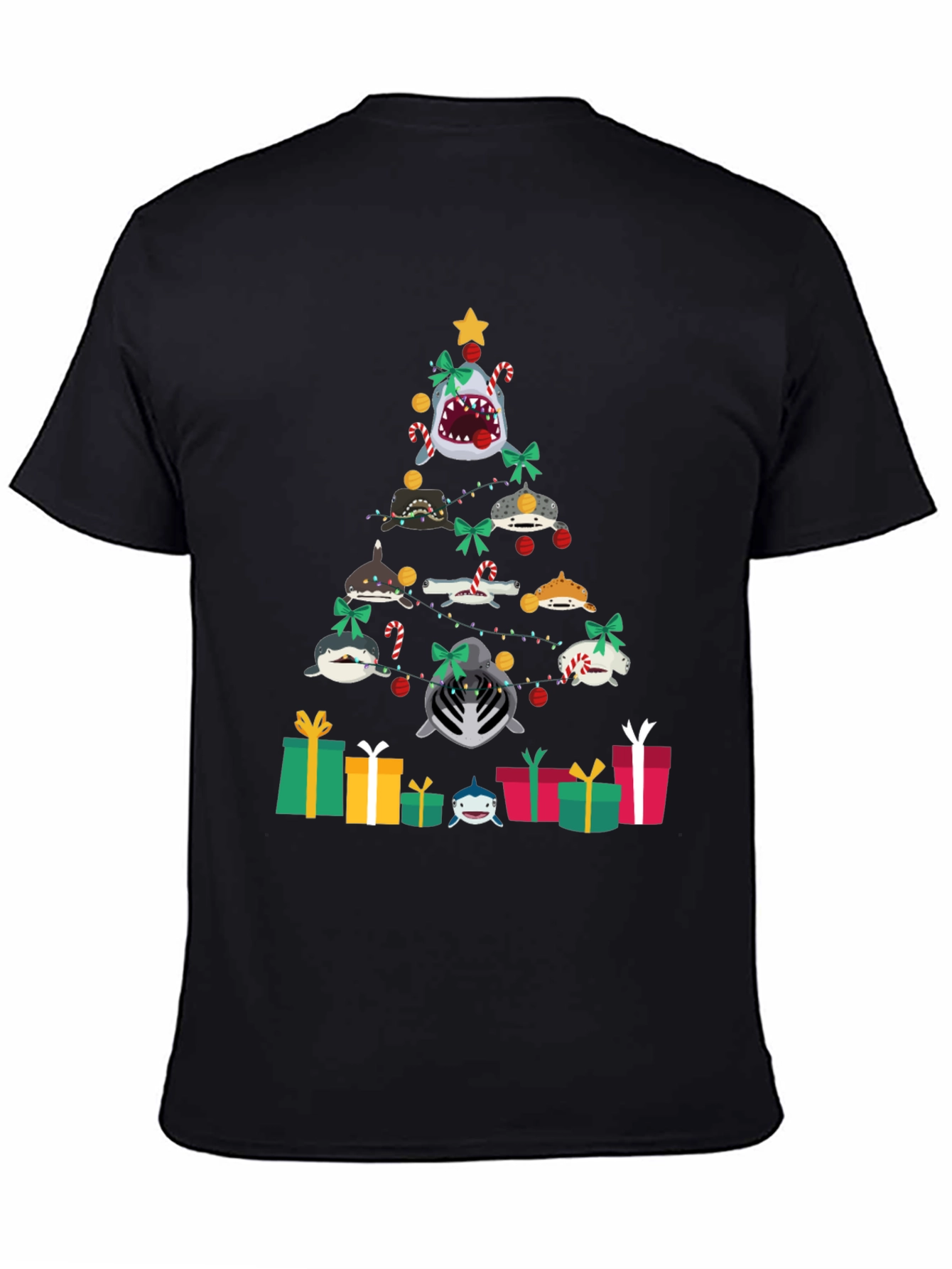 Black Shark Christmas Tree Black T-Shirt view 4