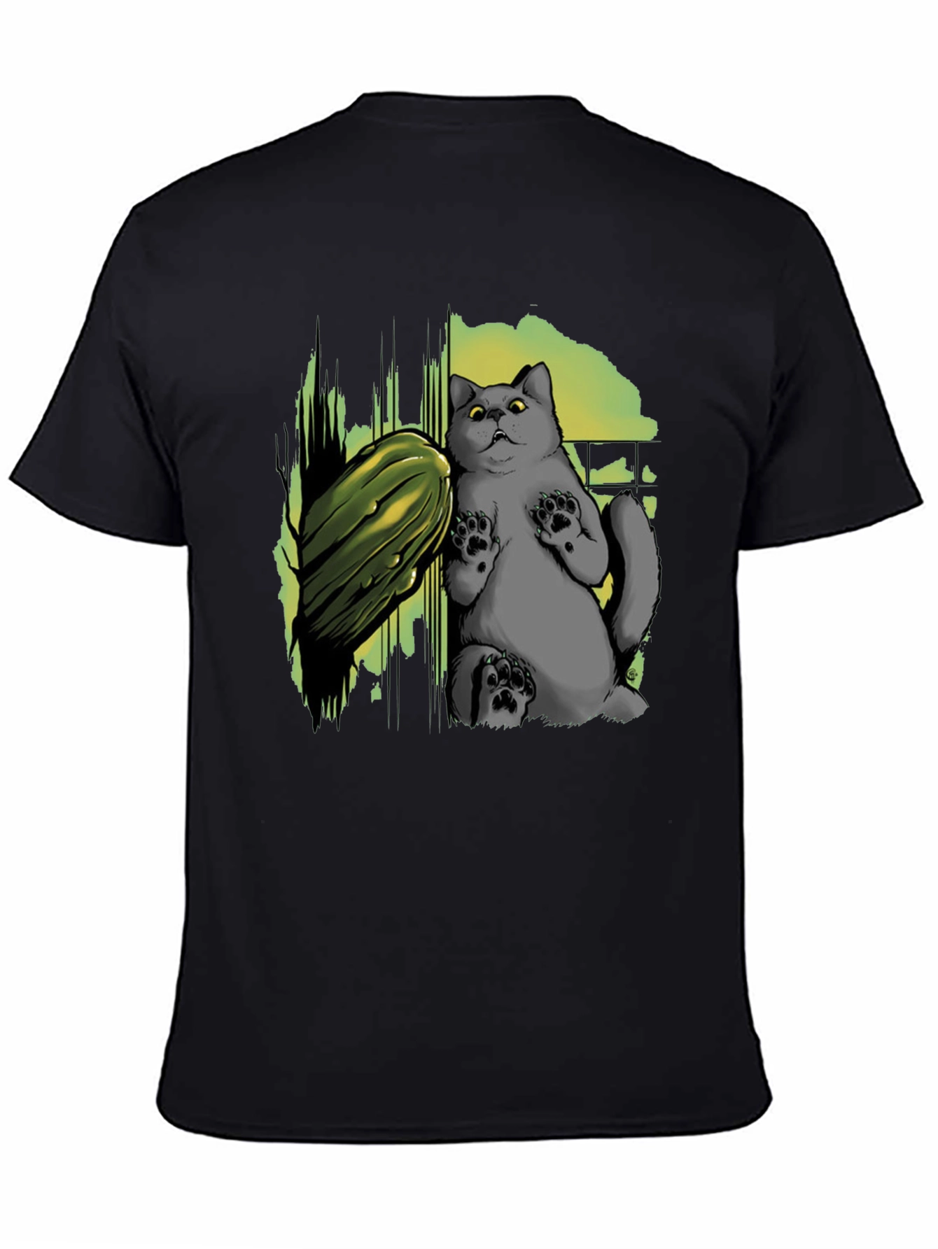 Black Funny Cat & Cucumber Graphic Tee - Black Cotton T-Shirt view 4