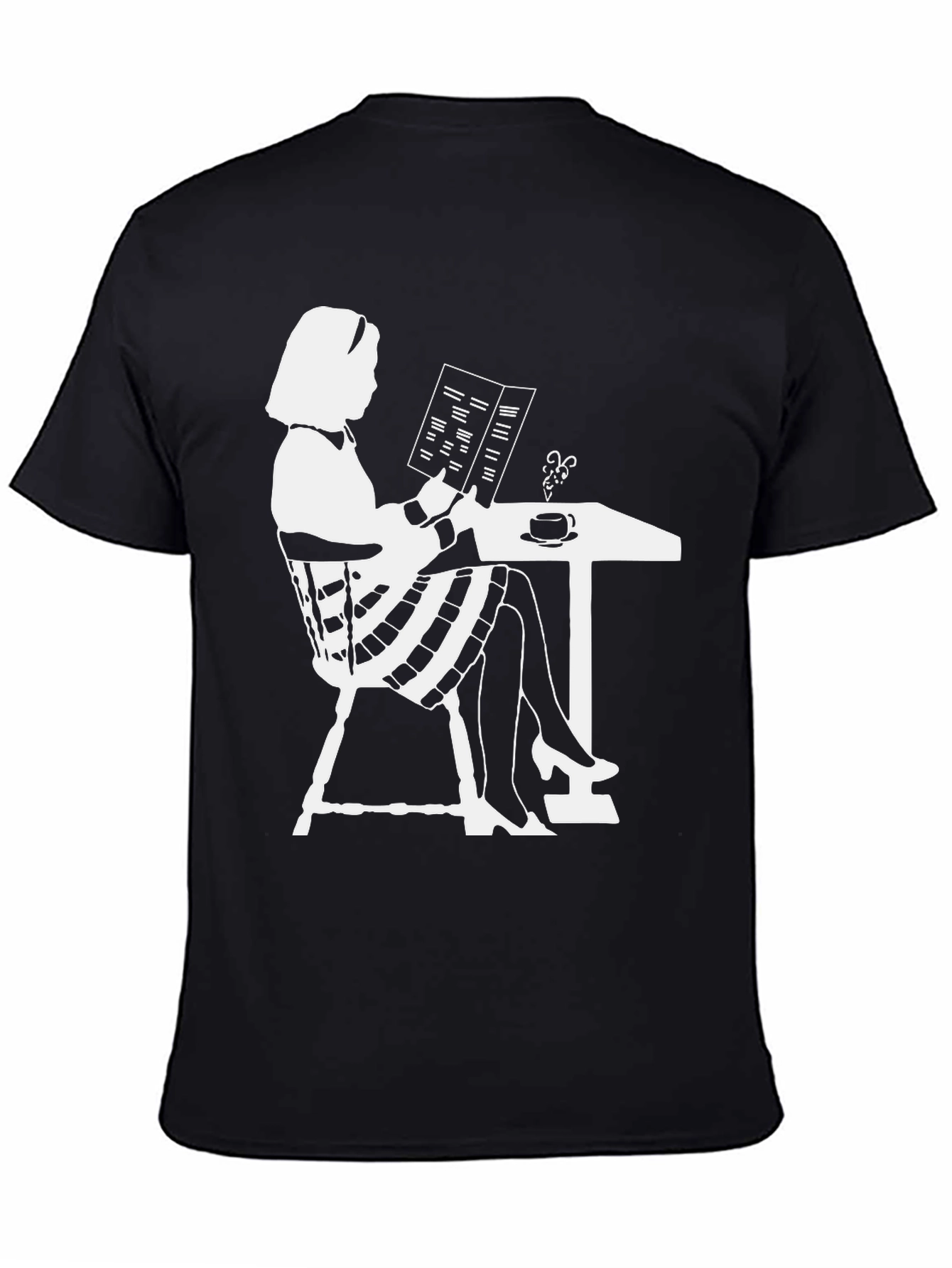 Black Chic Silhouette Tee: Woman Reading at Cafe view 4