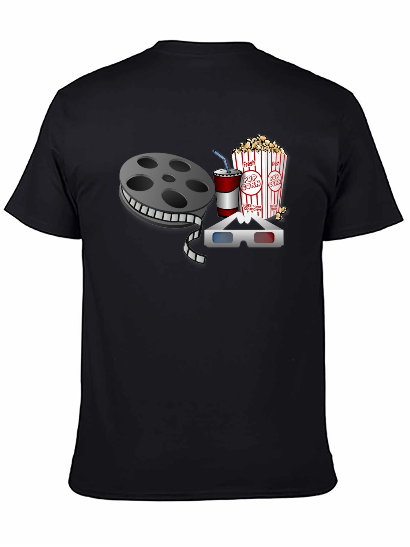 Black Movie Night T-Shirt: Reel, Popcorn, Soda & 3D Glasses view 4