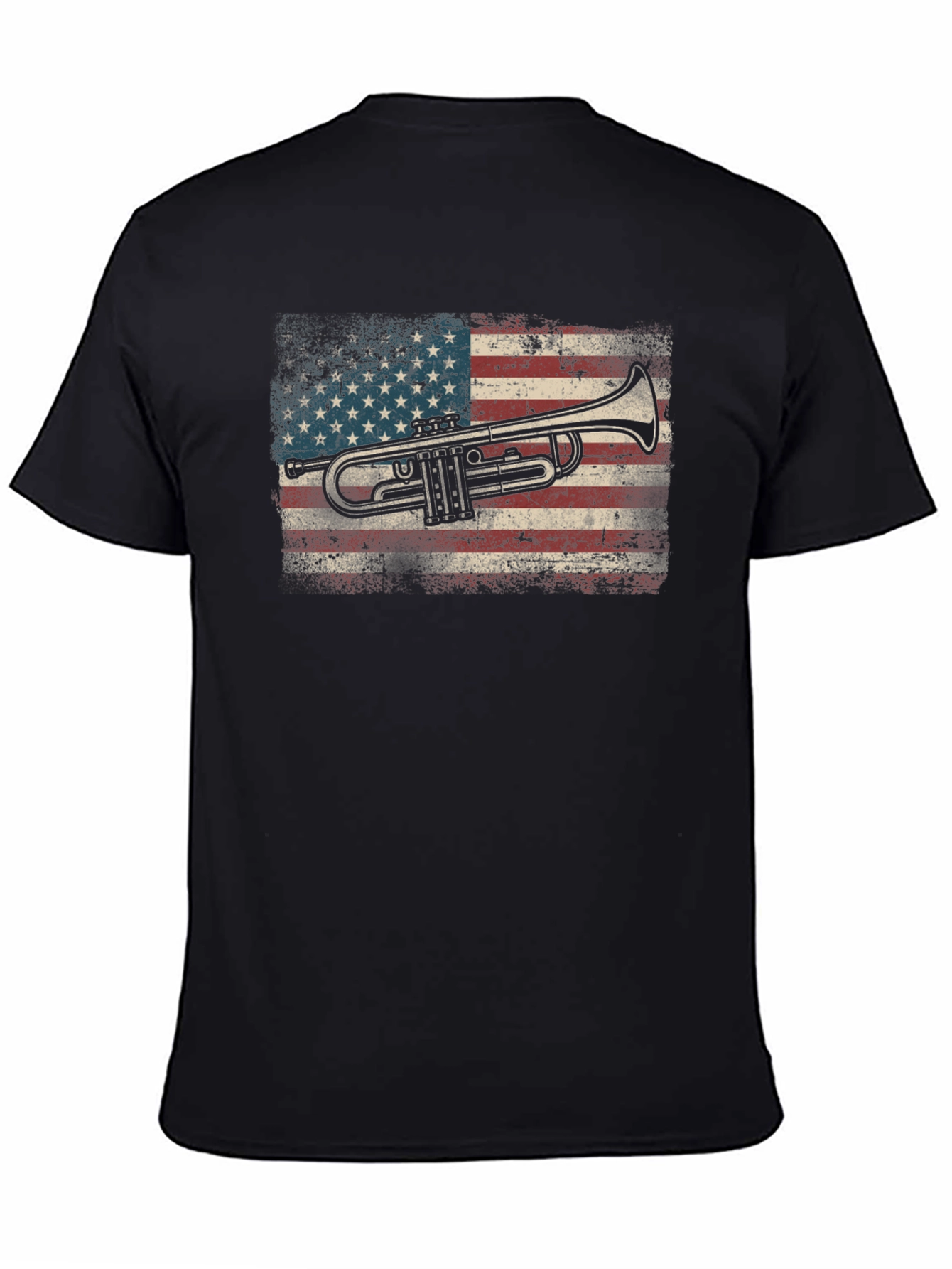 Black Trumpet USA Flag Graphic Tee - Black Cotton T-Shirt view 4