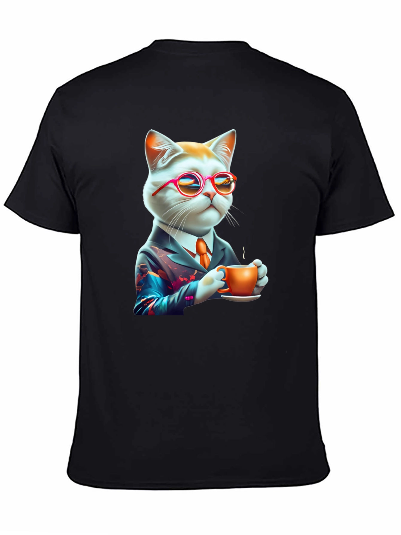 Black Cool Cat T-Shirt - Cat with Coffee view 4