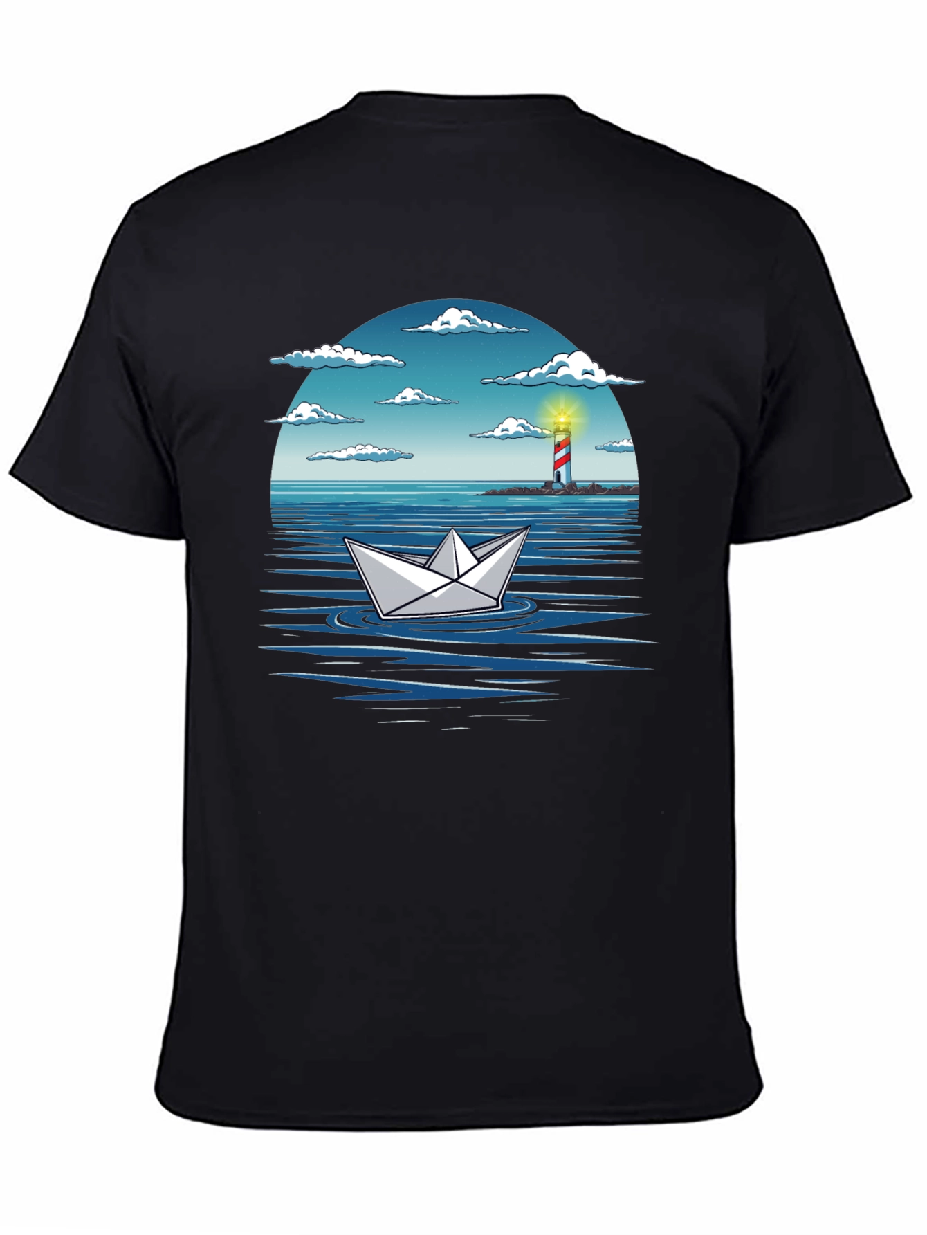 Black Paper Boat Lighthouse Graphic Tee - Nautical Adventure Shirt view 4