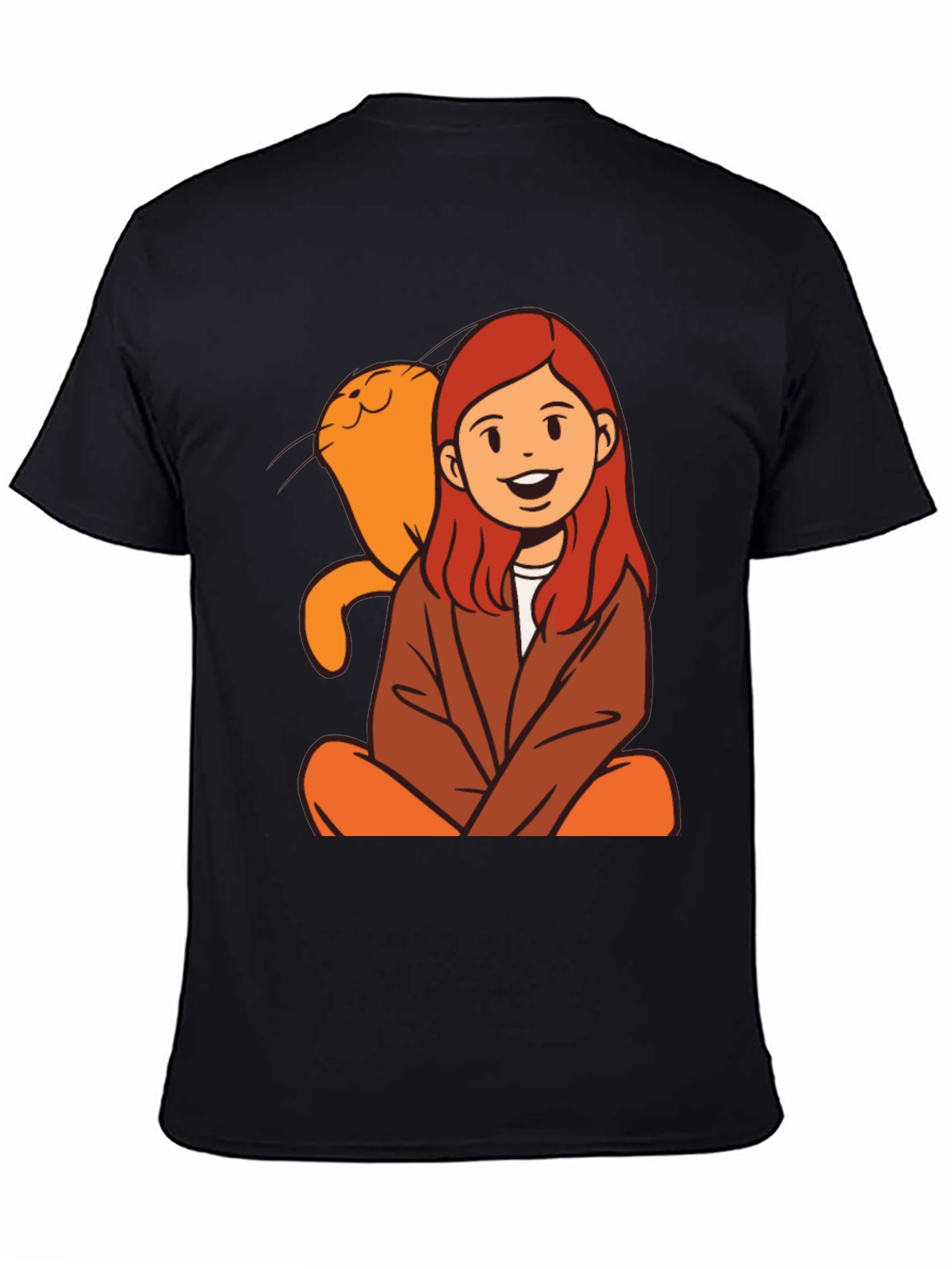 Black Cartoon Girl & Cat Graphic Black T-Shirt view 4