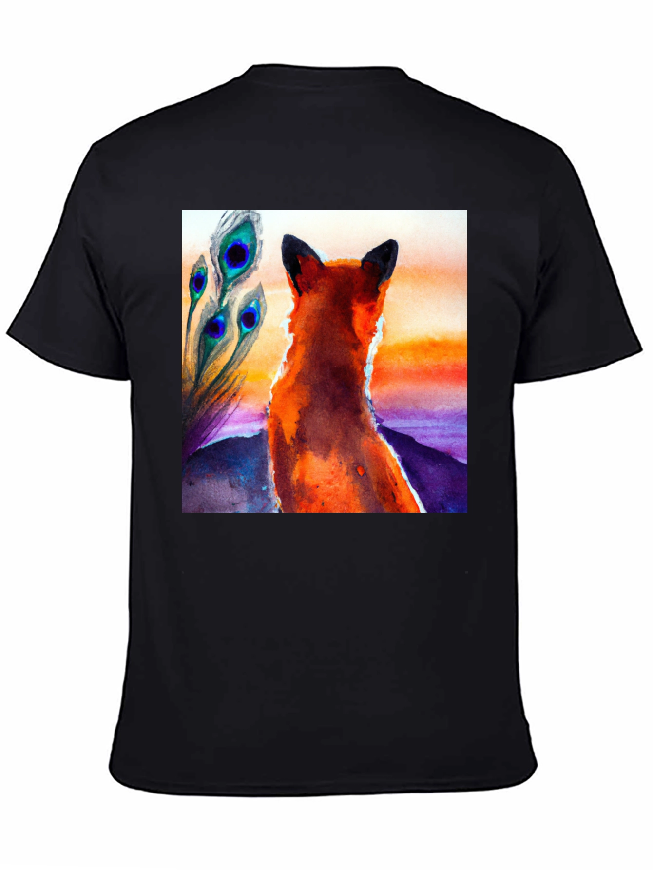 Black Fox & Peacock Feather Graphic Black T-Shirt view 4