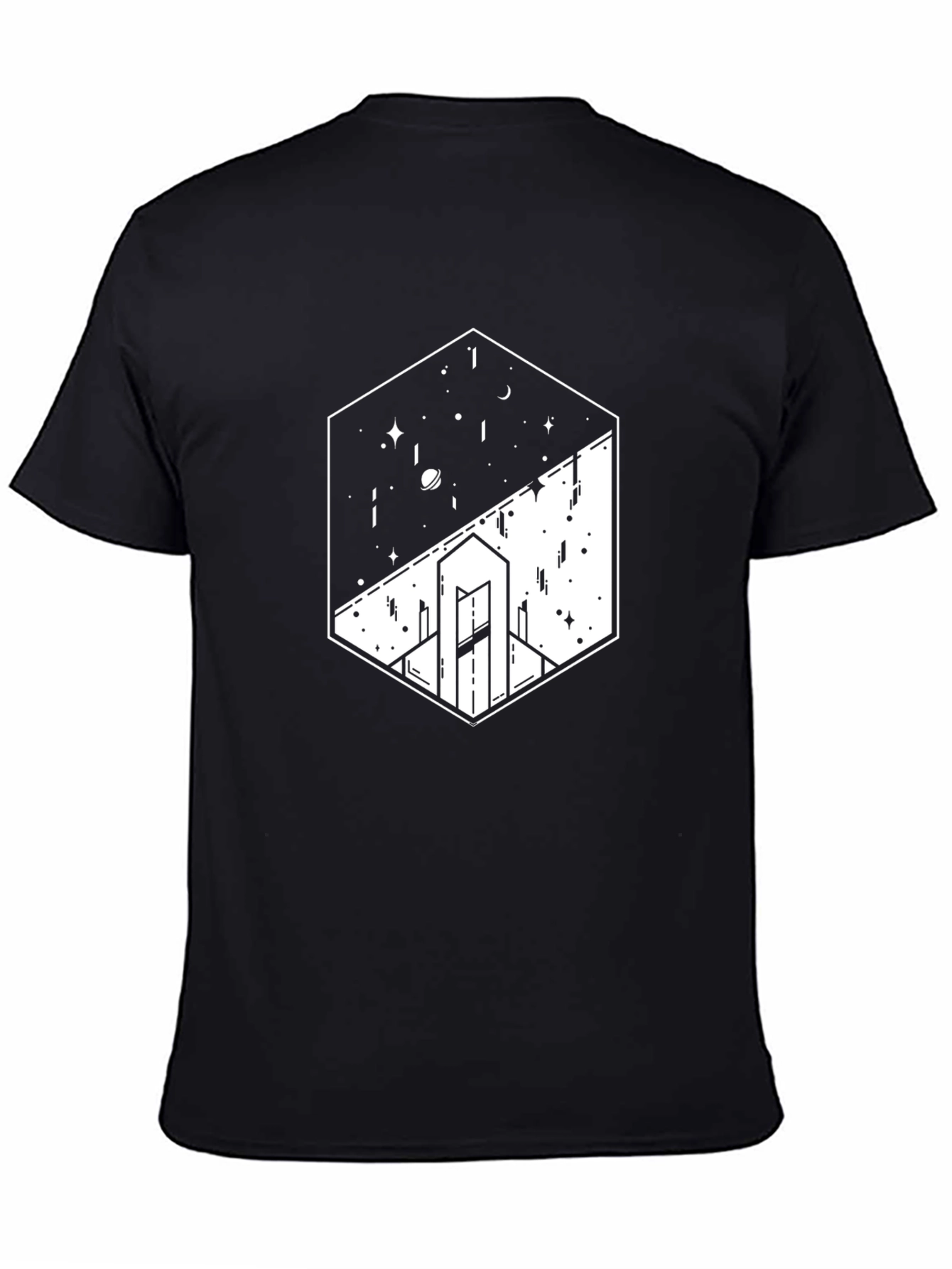 Black Geometric Space & Cityscape Black Graphic Tee view 4
