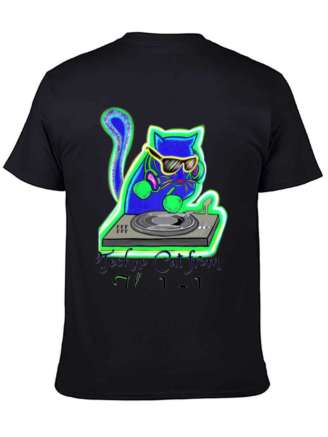 Black Techno Cat DJ Graphic T-Shirt view 4