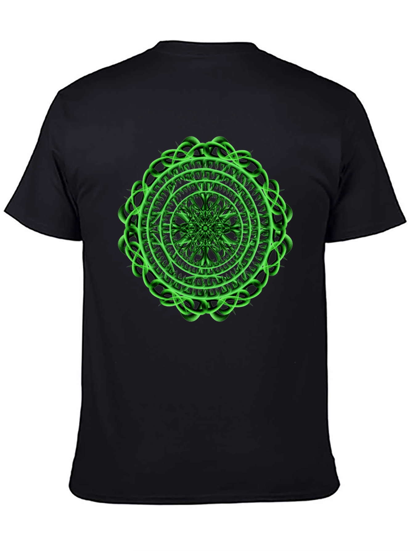 Black Men's Black T-Shirt with Green Mandala Design view 4