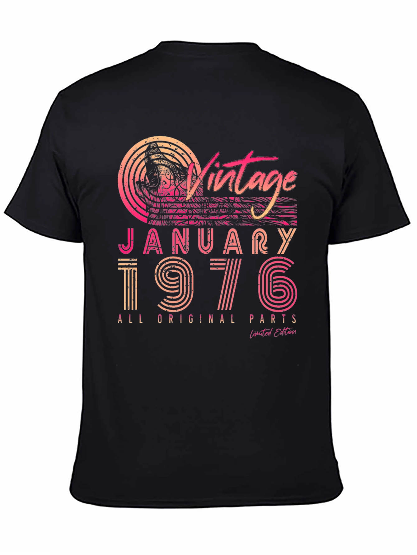 Black Vintage January 1976 All Original Parts T-Shirt view 4
