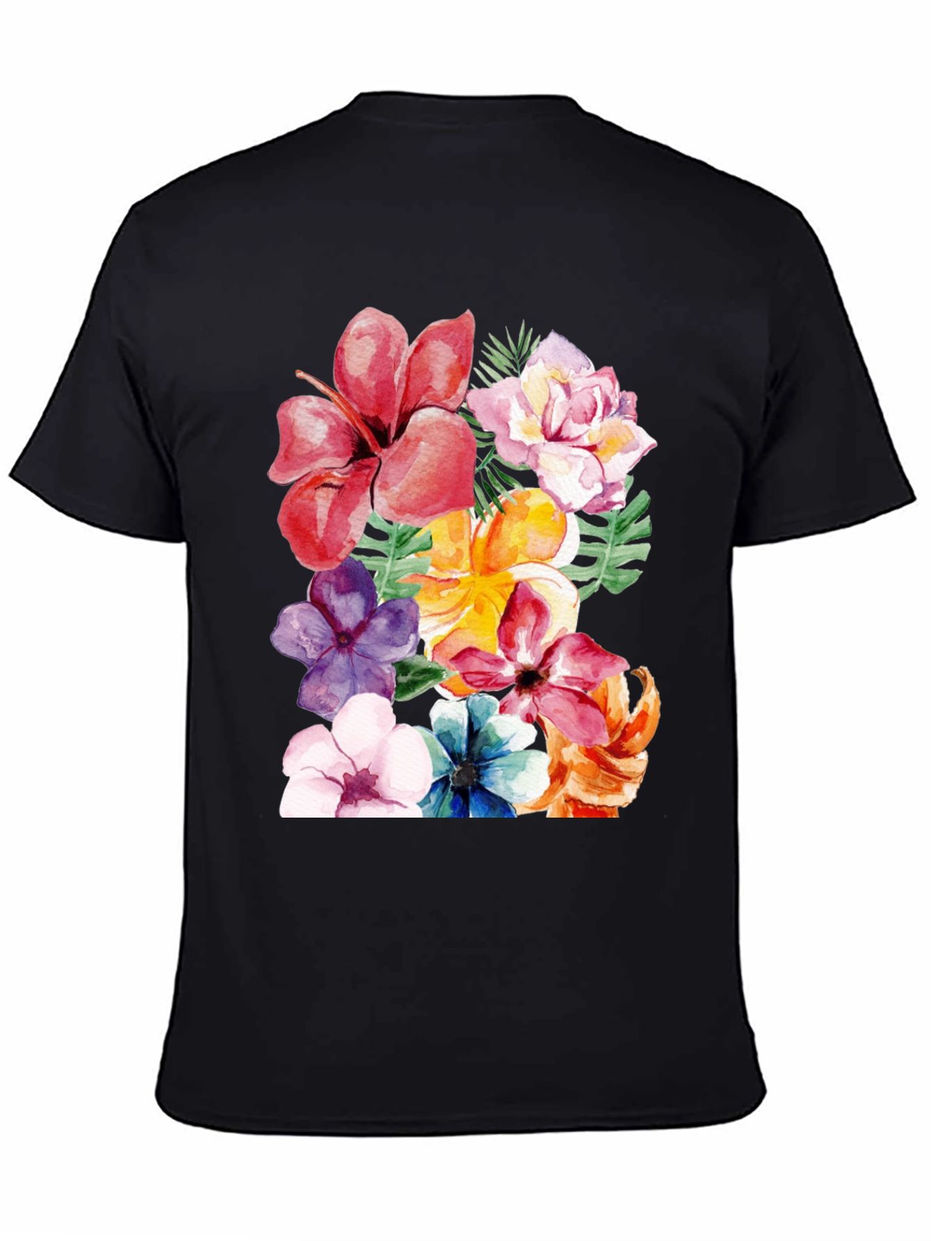 Black Floral Print Black T-Shirt - Tropical Flower Design view 4