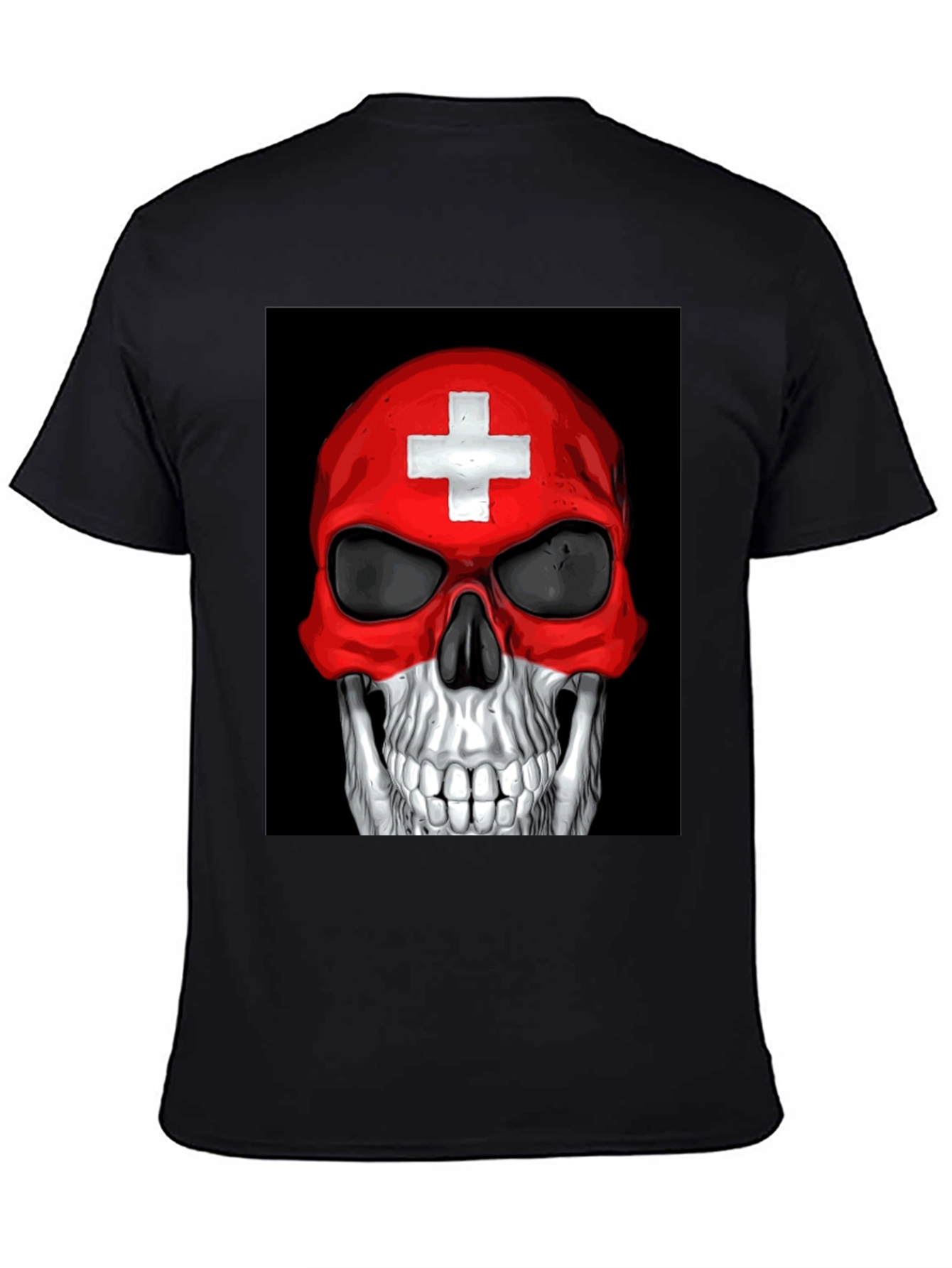 Black Skull Switzerland Flag Graphic Tee - Black Cotton T-Shirt view 4