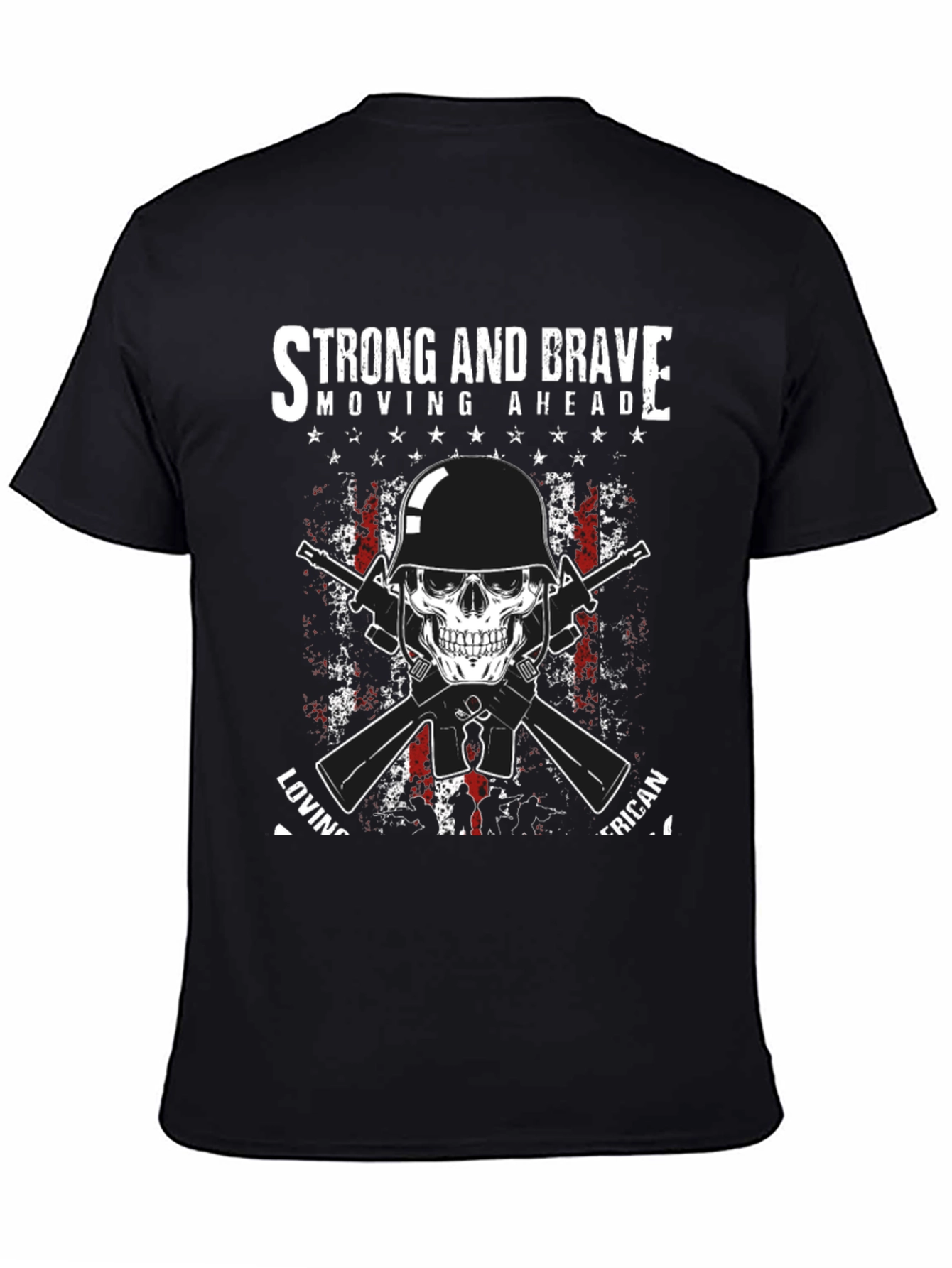 Black Strong & Brave Patriotic Skull Graphic T-Shirt view 4