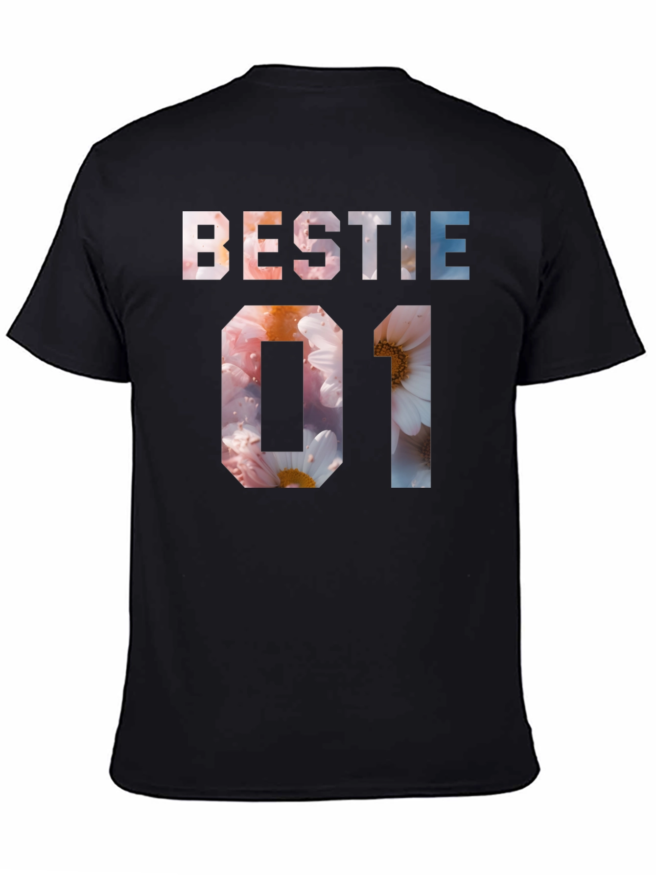 Black Bestie 01 Floral Print Black T-Shirt view 4