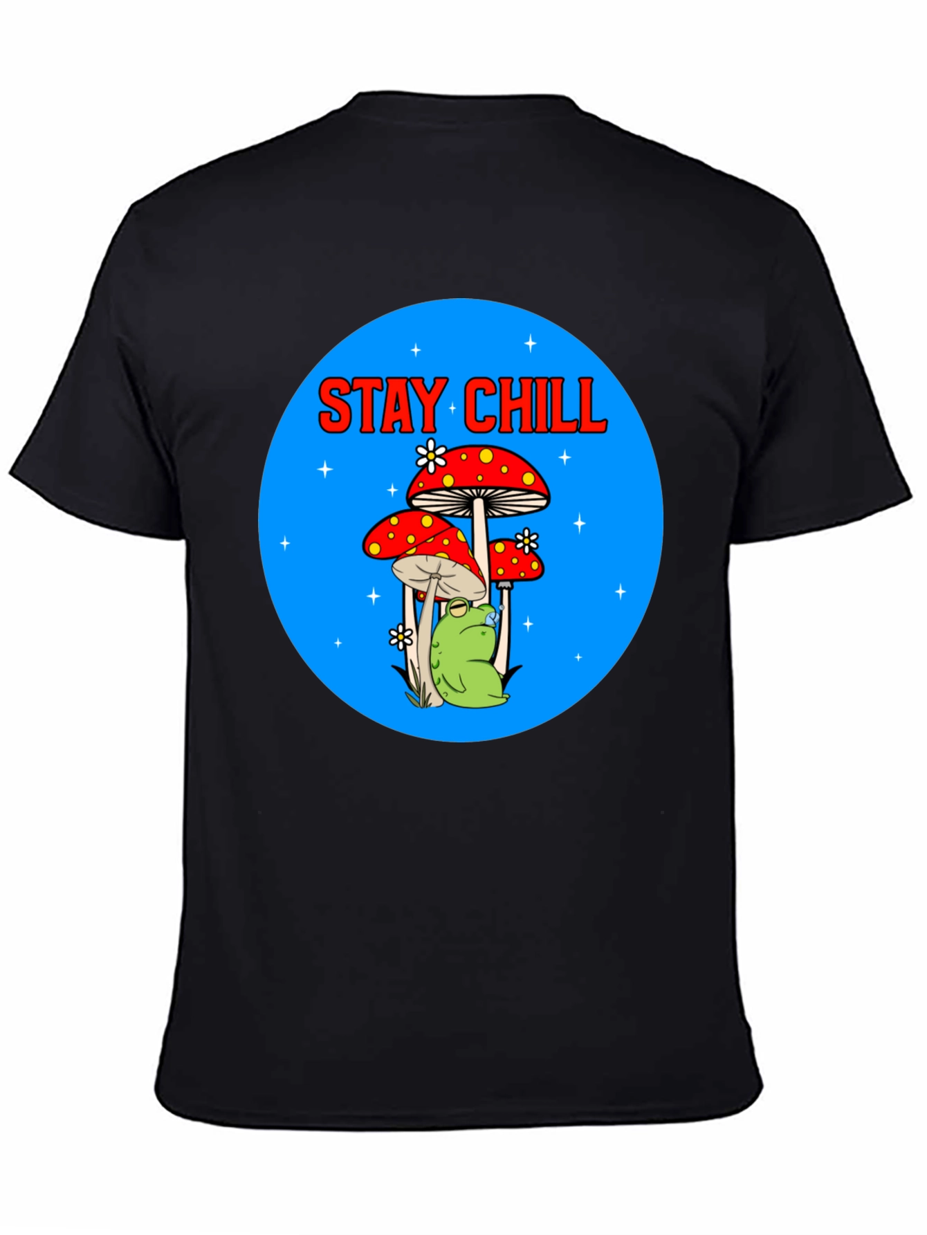 Black Stay Chill Frog Mushroom Graphic Tee view 4