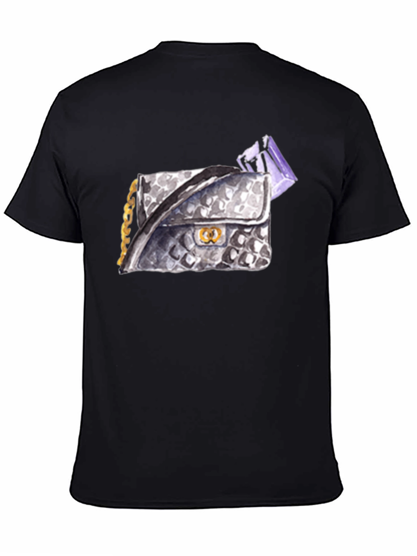 Black Stylish Black T-Shirt with Watercolor Handbag Print view 4