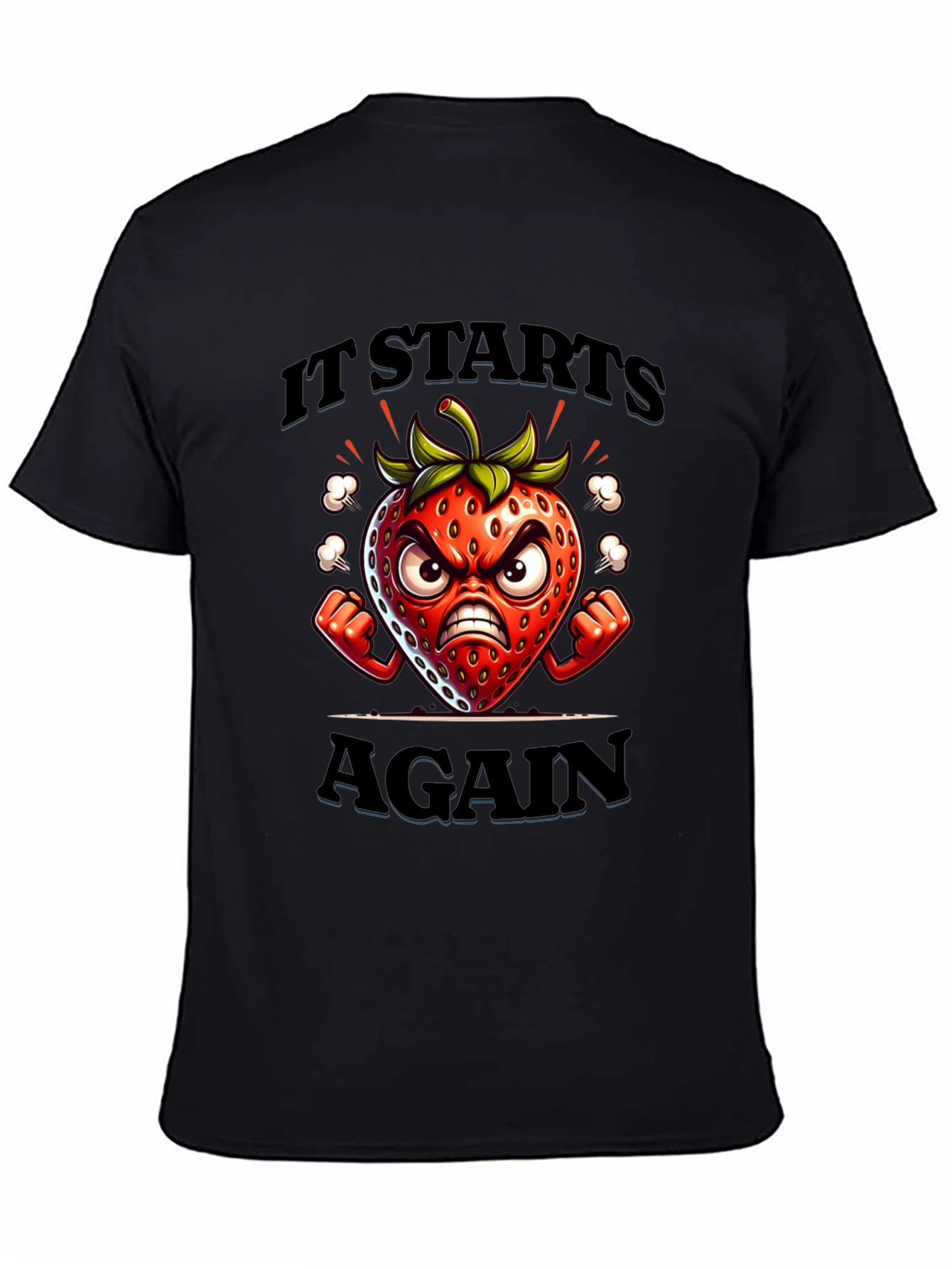 Black Angry Strawberry Cartoon Graphic T-Shirt view 4