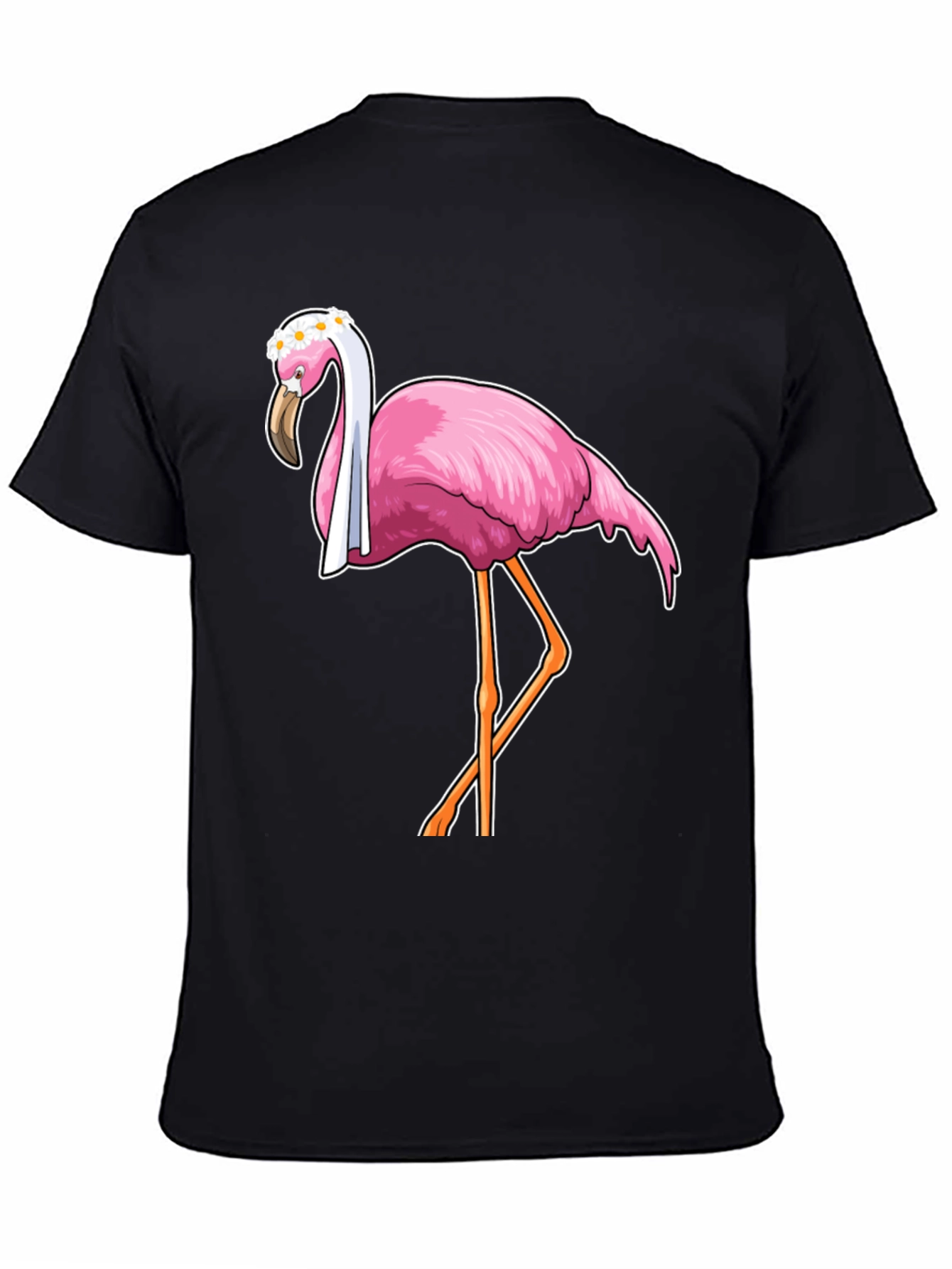 Black Funny Flamingo T-Shirt with Floral Crown view 4