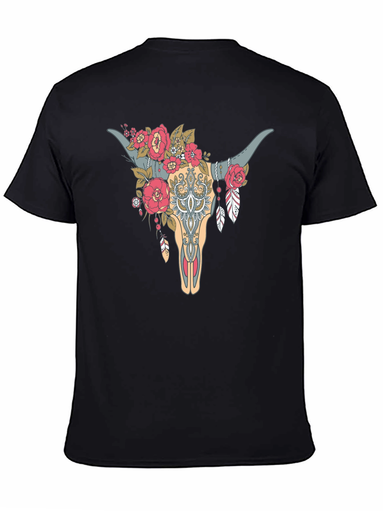 Black Floral Bull Skull Graphic Tee - Western Style view 4