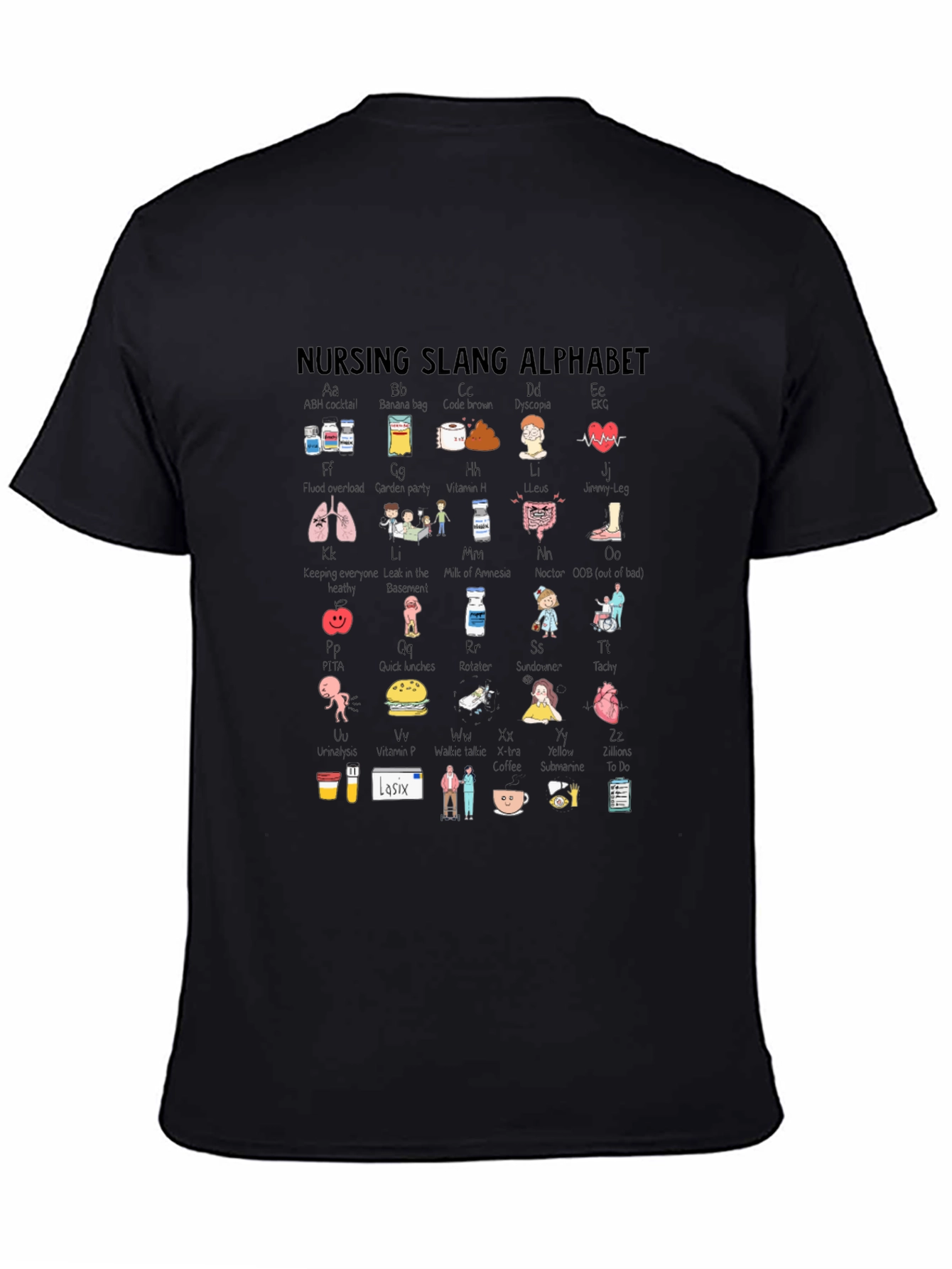 Black Nursing Slang Alphabet T-Shirt - Black Crew Neck view 4