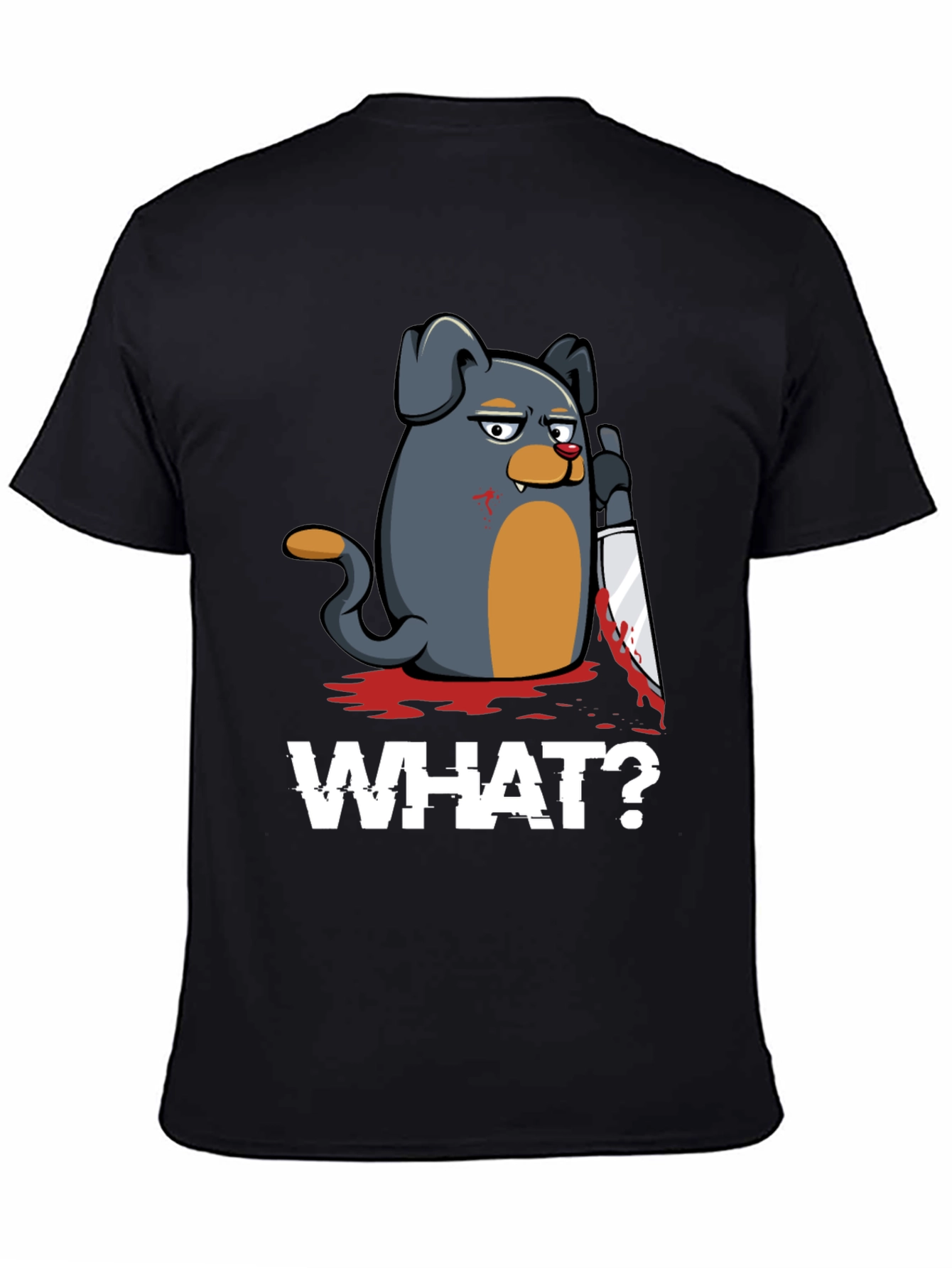 Black Men's 'What?' Dog with Knife Graphic T-Shirt view 4