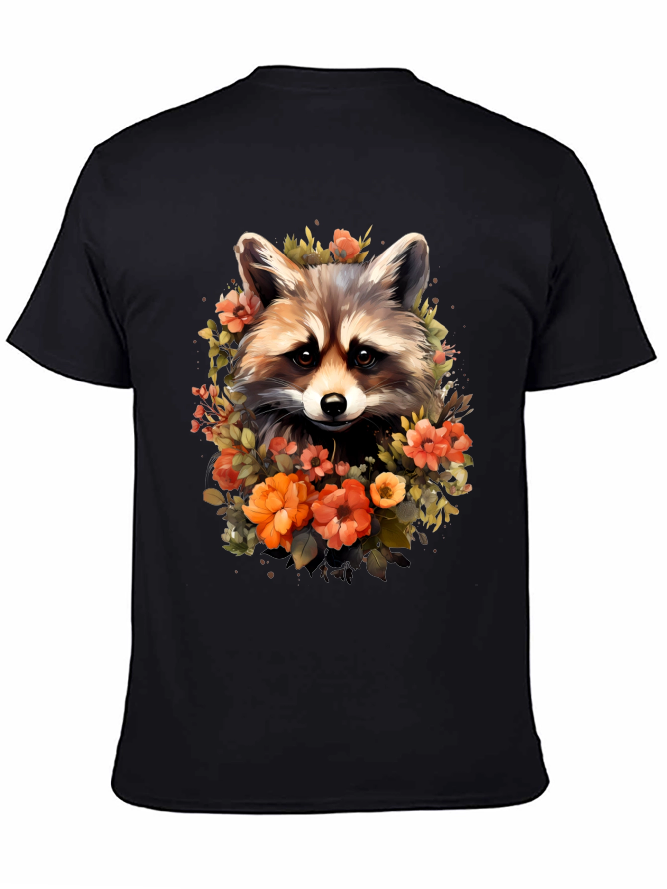 Black Raccoon & Floral Graphic Tee - Soft Black T-Shirt view 4