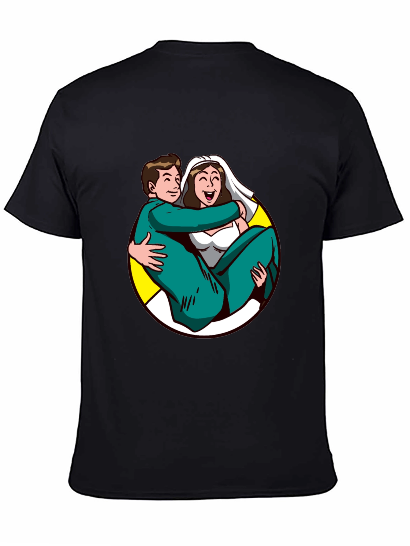 Black Cartoon Bride and Groom Black T-Shirt view 4