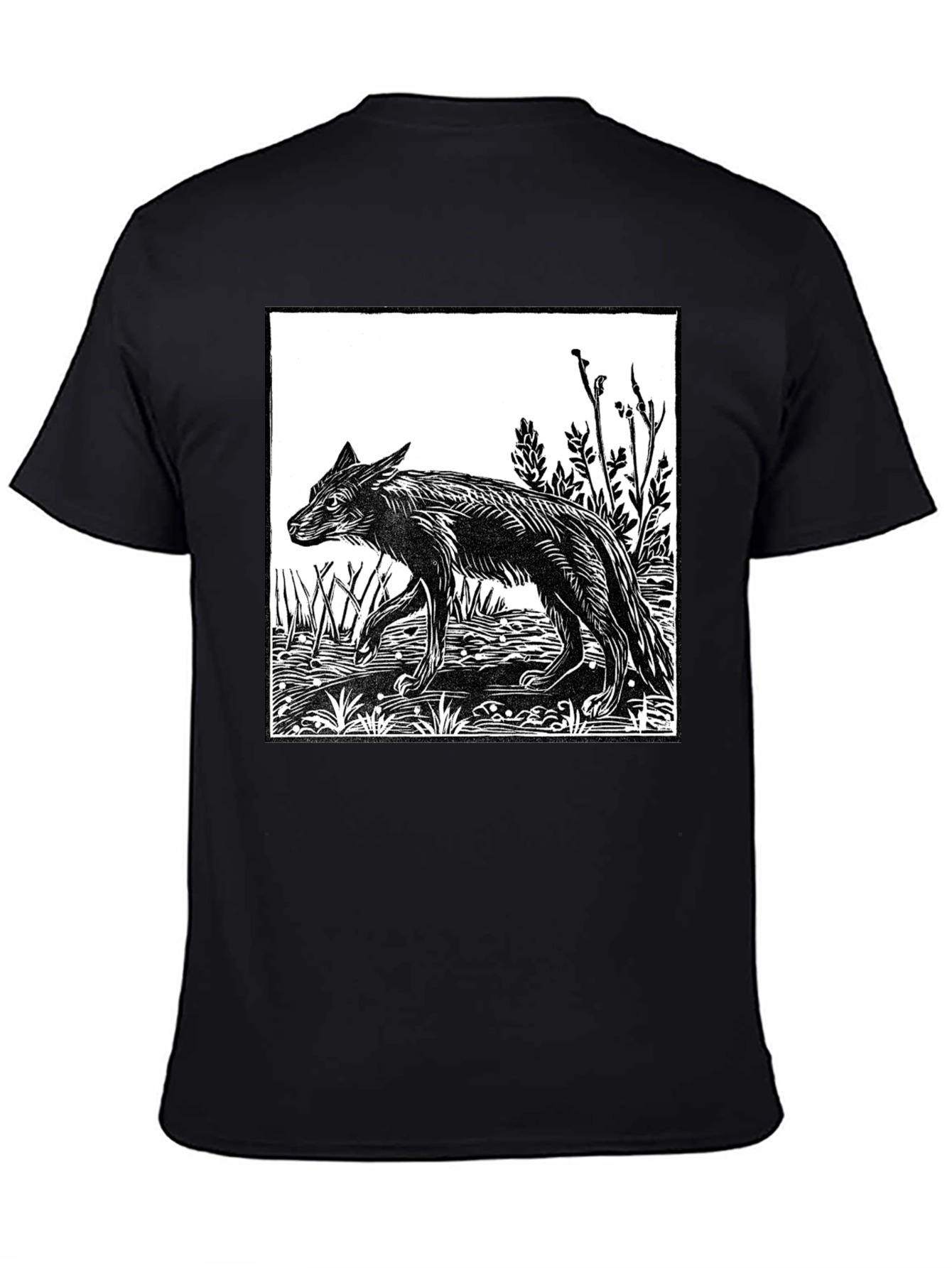 Black Woodcut Wolf Graphic T-Shirt - Black view 4