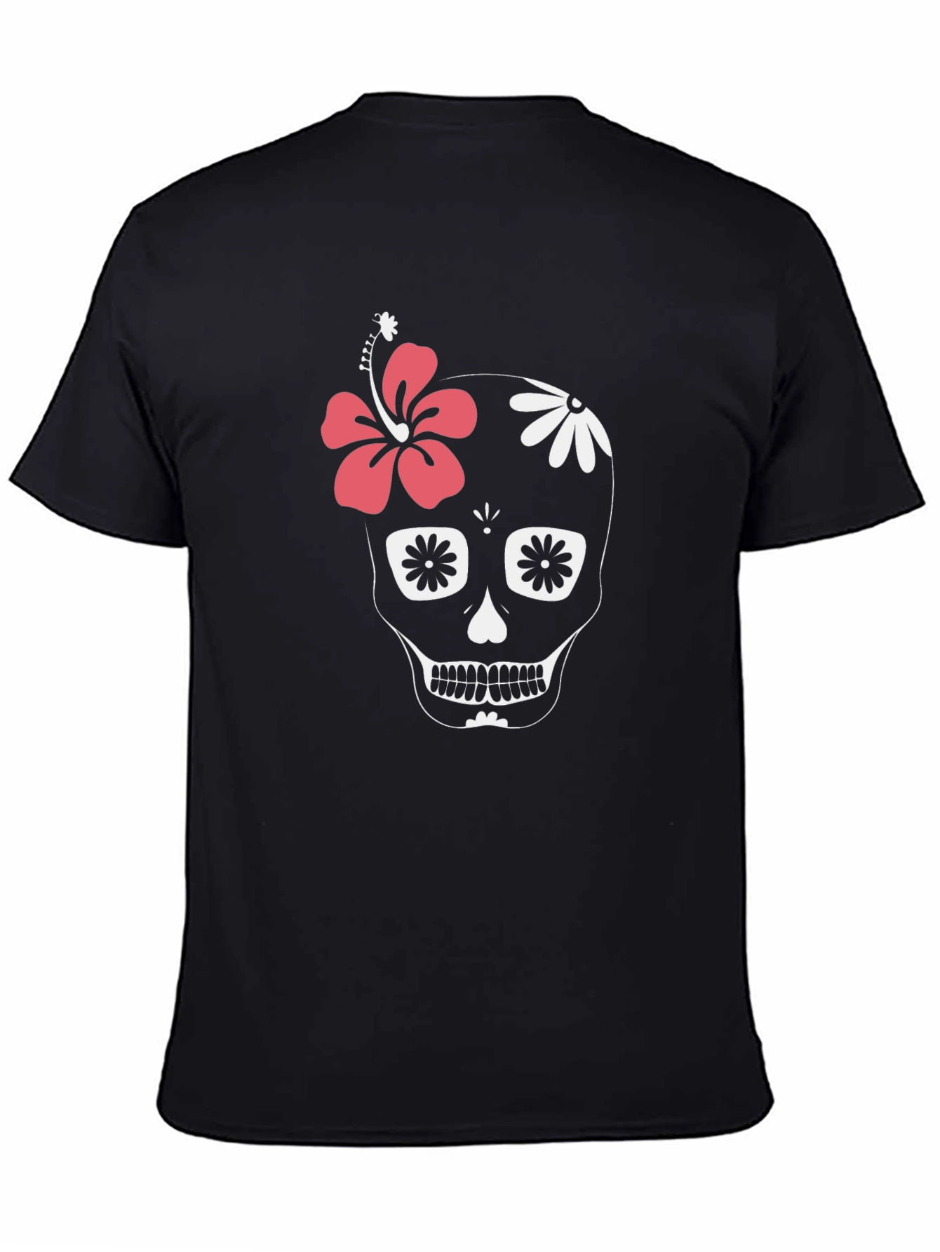 Black Floral Skull Graphic Tee - Black Cotton Casual T-Shirt view 4