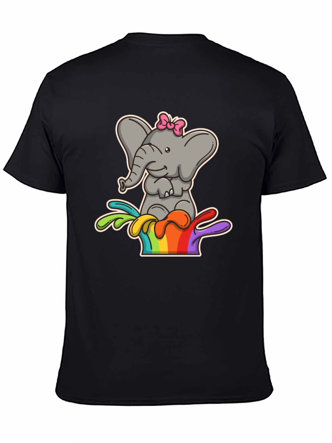 Black Elephant Rainbow Splash Tee - Cute Cartoon Graphic Shirt view 4