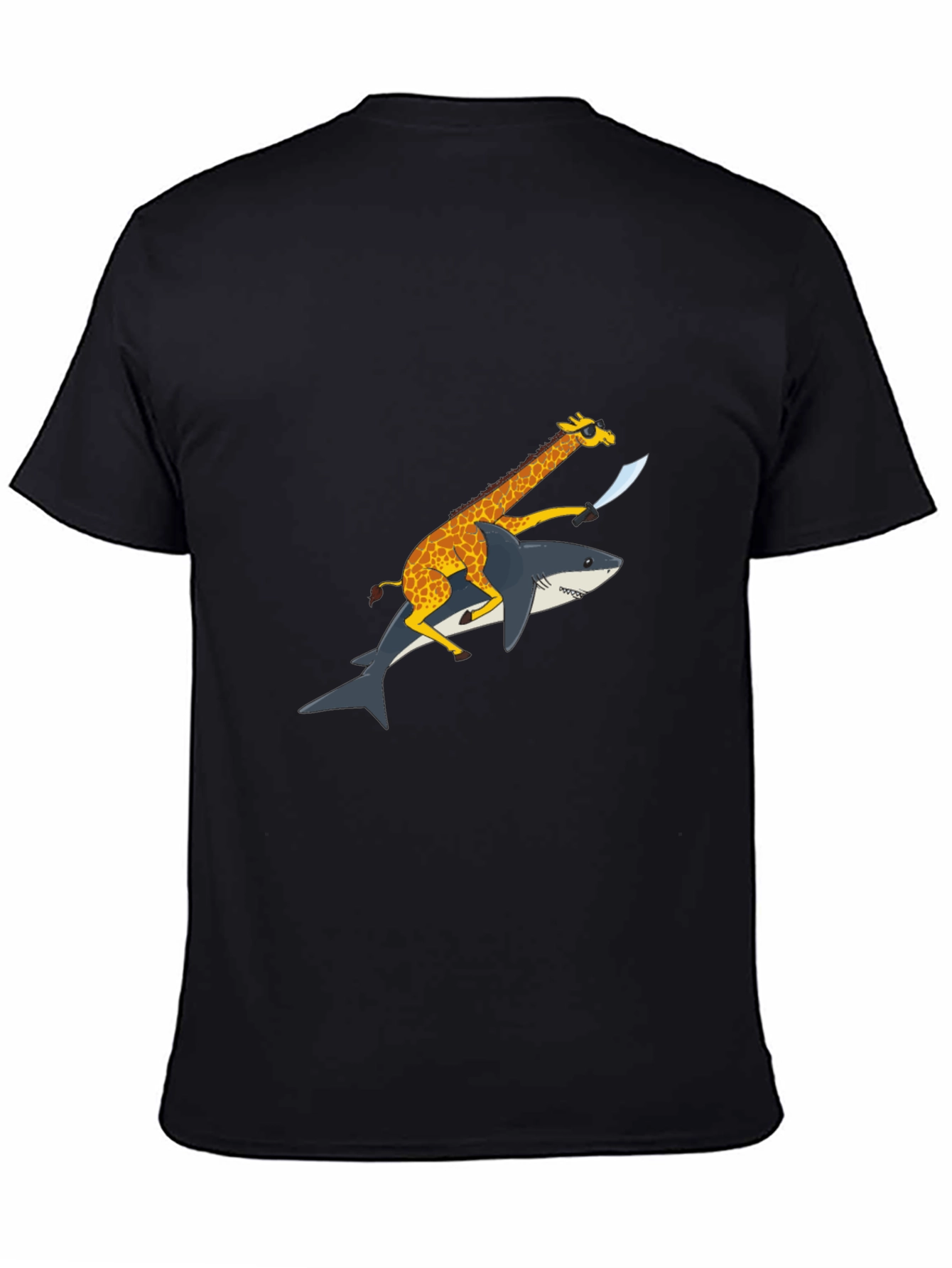 Black Giraffe Riding Shark Graphic Tee - Funny Animal Shirt view 4